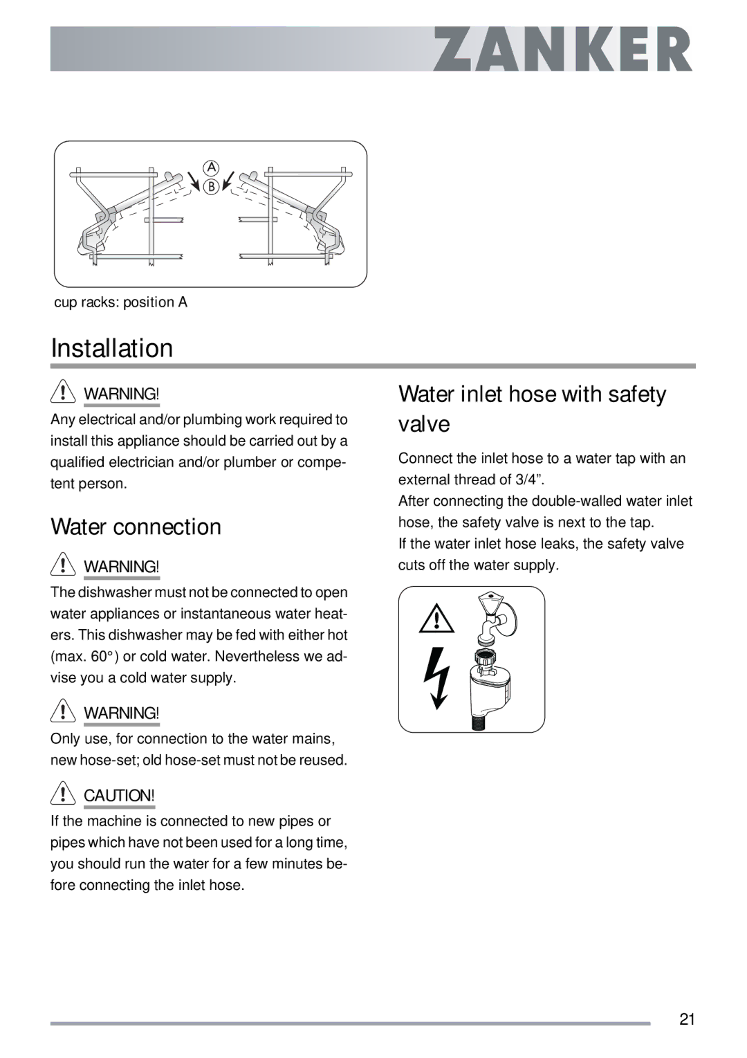 Electrolux ZKI1410 user manual Installation, Water connection, Water inlet hose with safety valve 