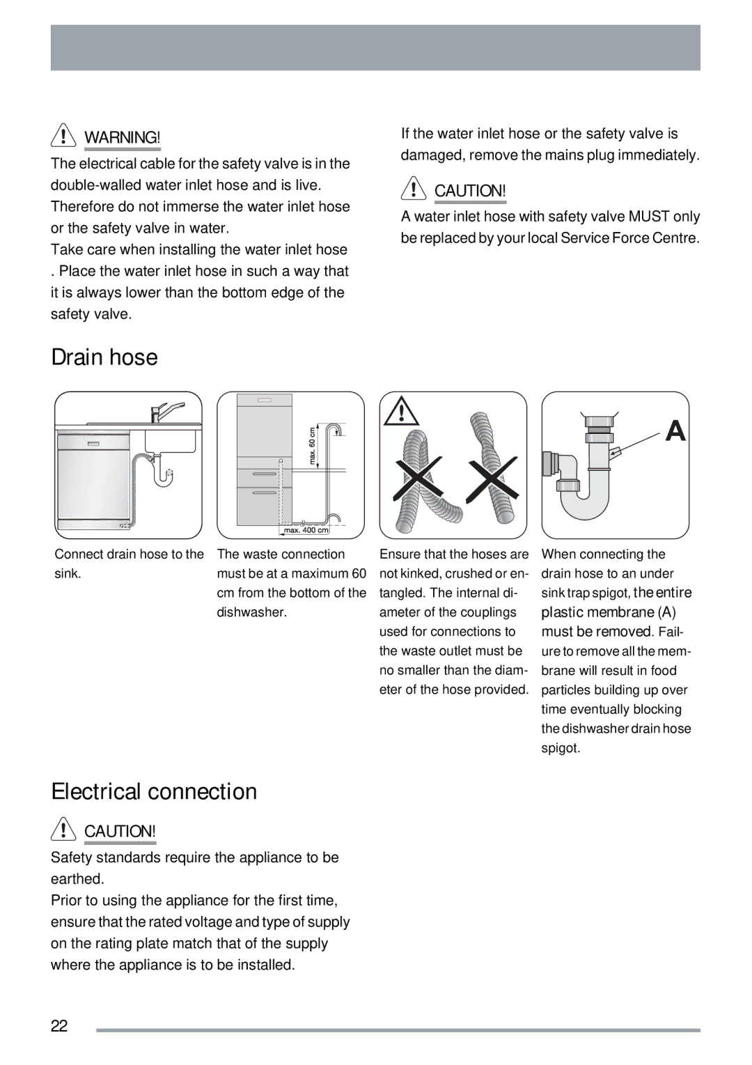 Electrolux ZKI1410 user manual Drain hose, Electrical connection 