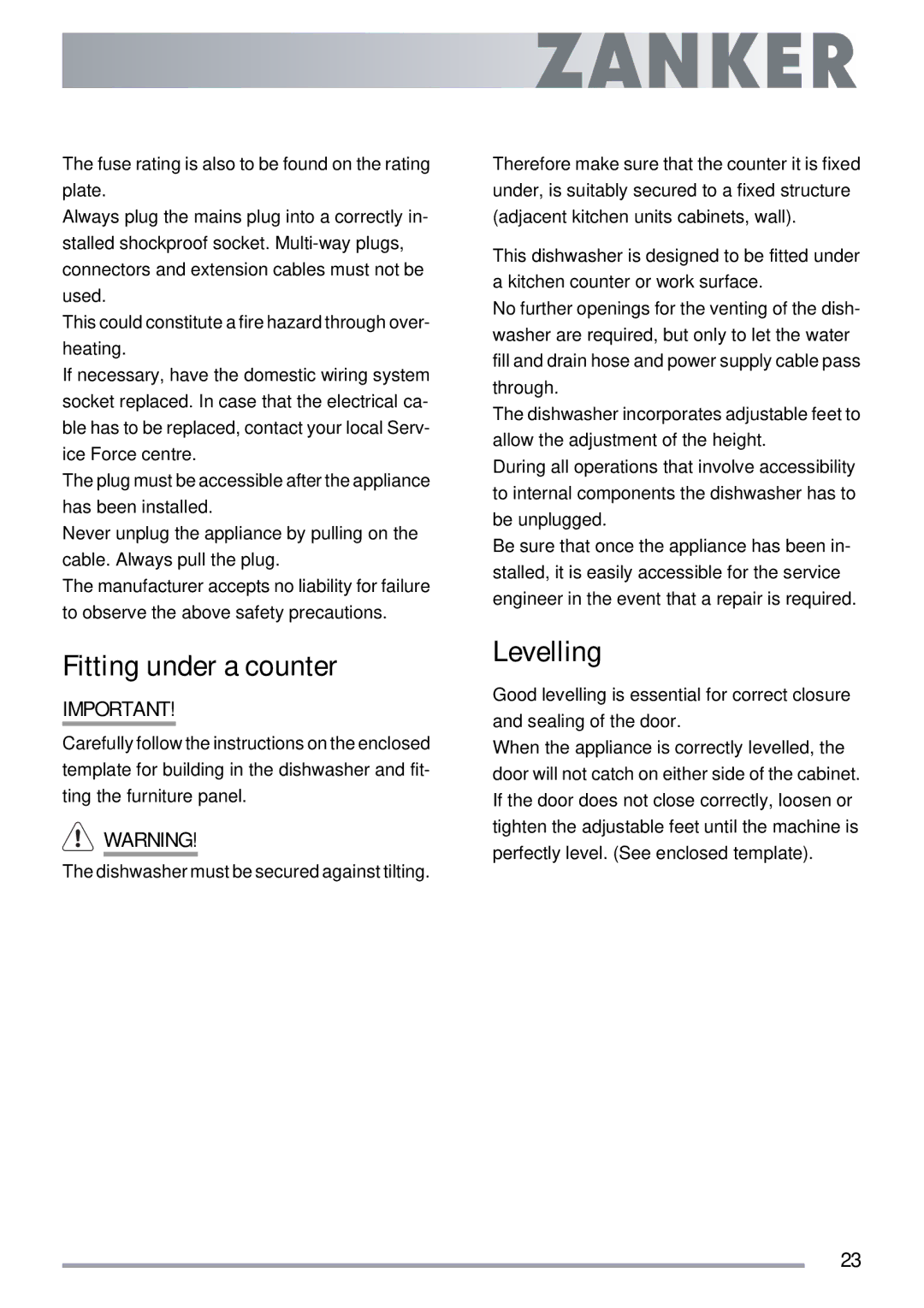 Electrolux ZKI1410 user manual Fitting under a counter, Levelling 