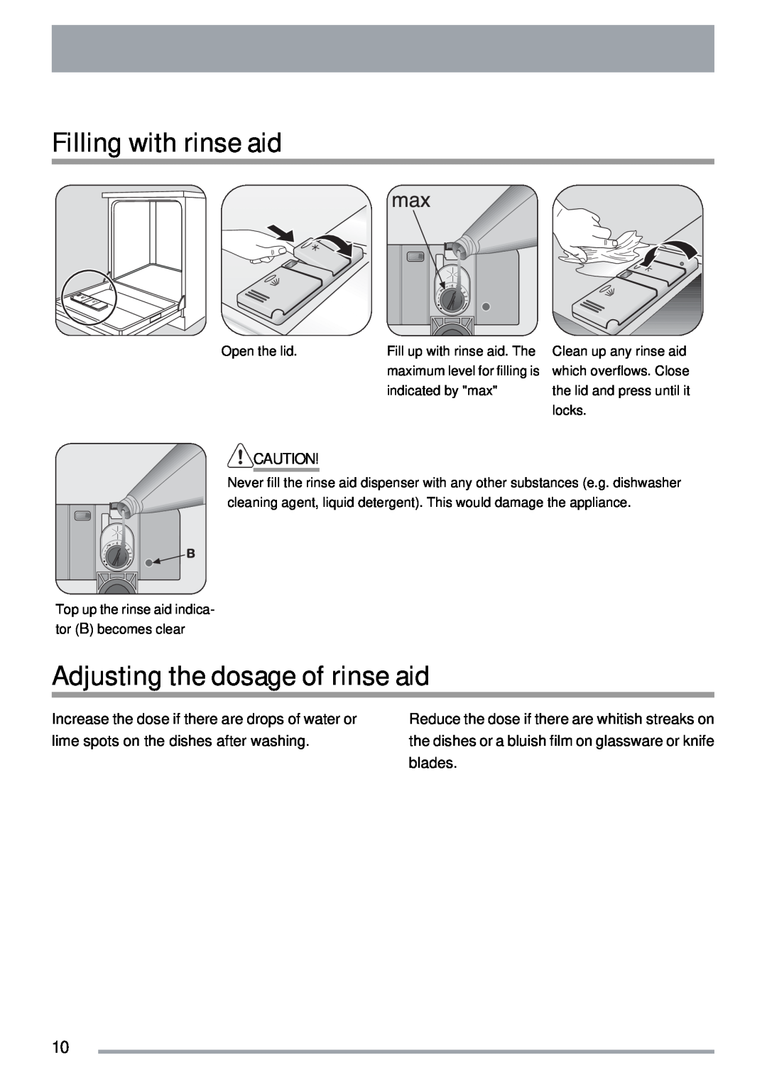 Electrolux ZKI1410 user manual Filling with rinse aid, Adjusting the dosage of rinse aid 