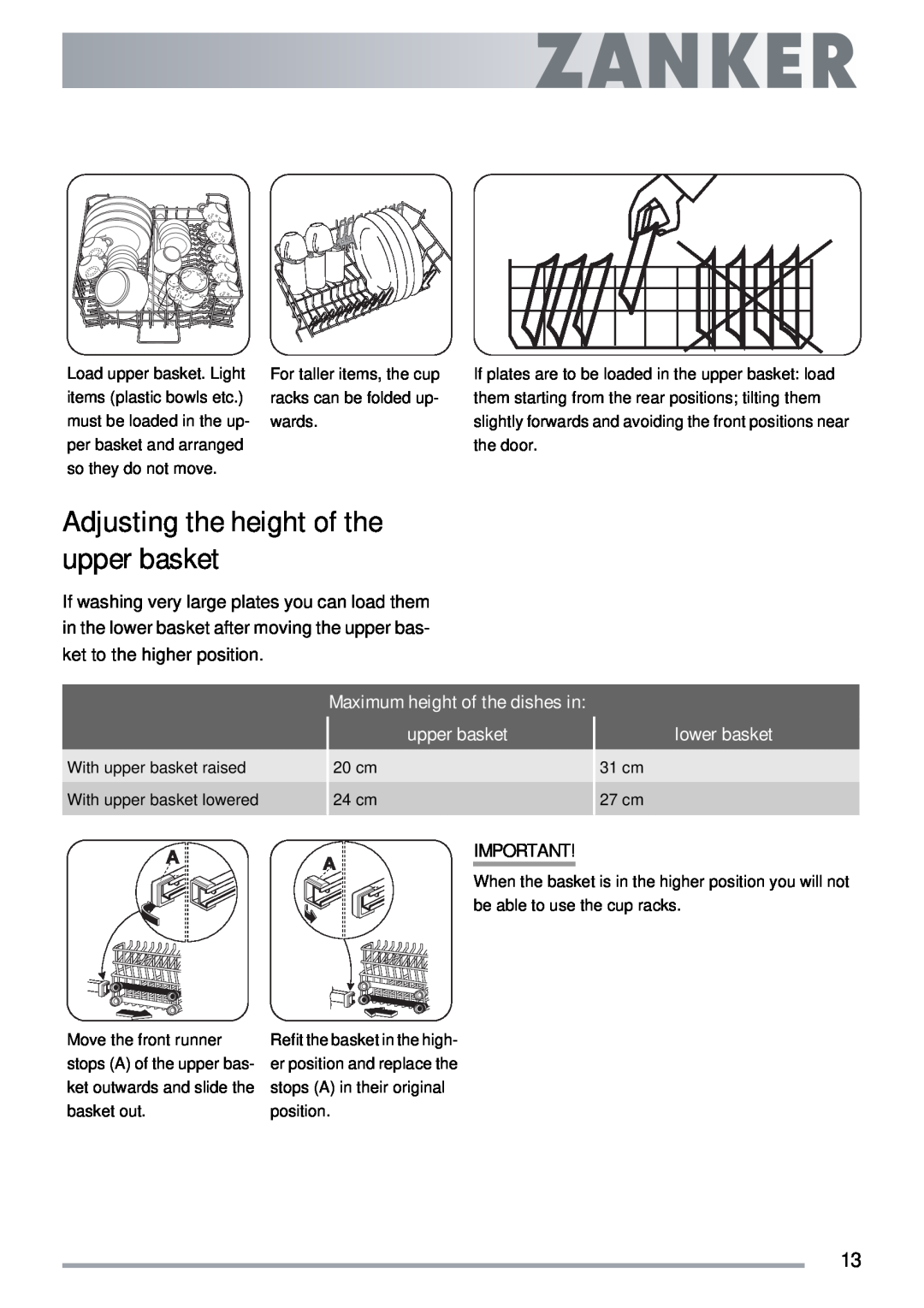Electrolux ZKI1410 user manual Adjusting the height of the upper basket, Maximum height of the dishes in, lower basket 