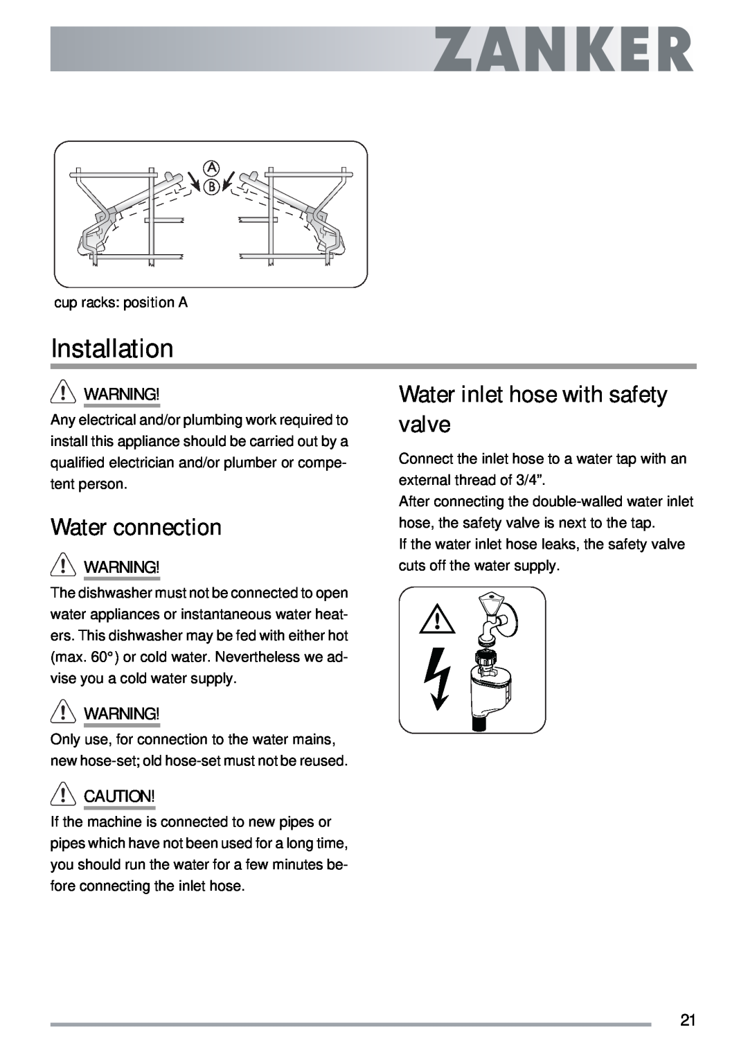 Electrolux ZKI1410 user manual Installation, Water connection, Water inlet hose with safety valve 