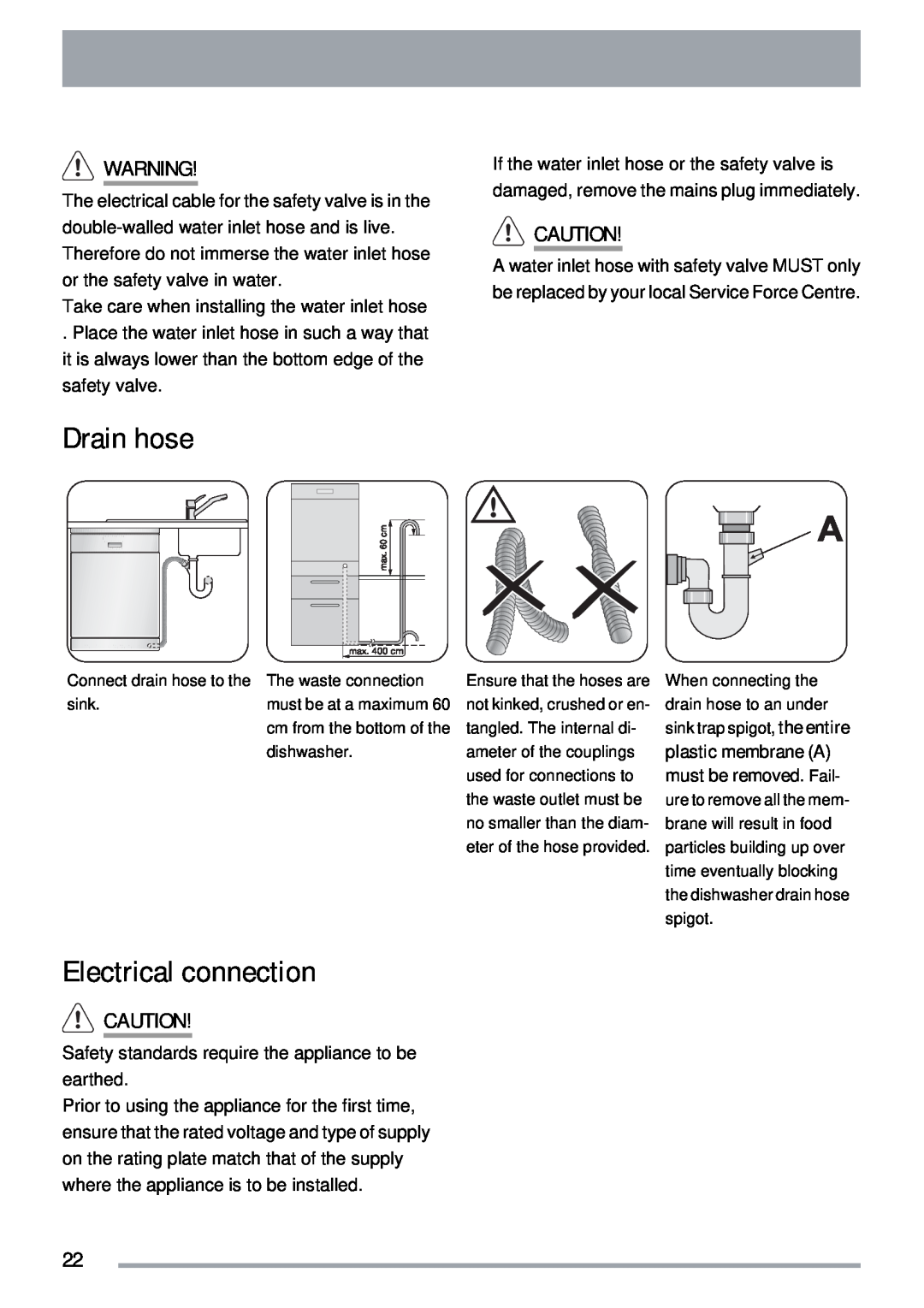 Electrolux ZKI1410 user manual Drain hose, Electrical connection 