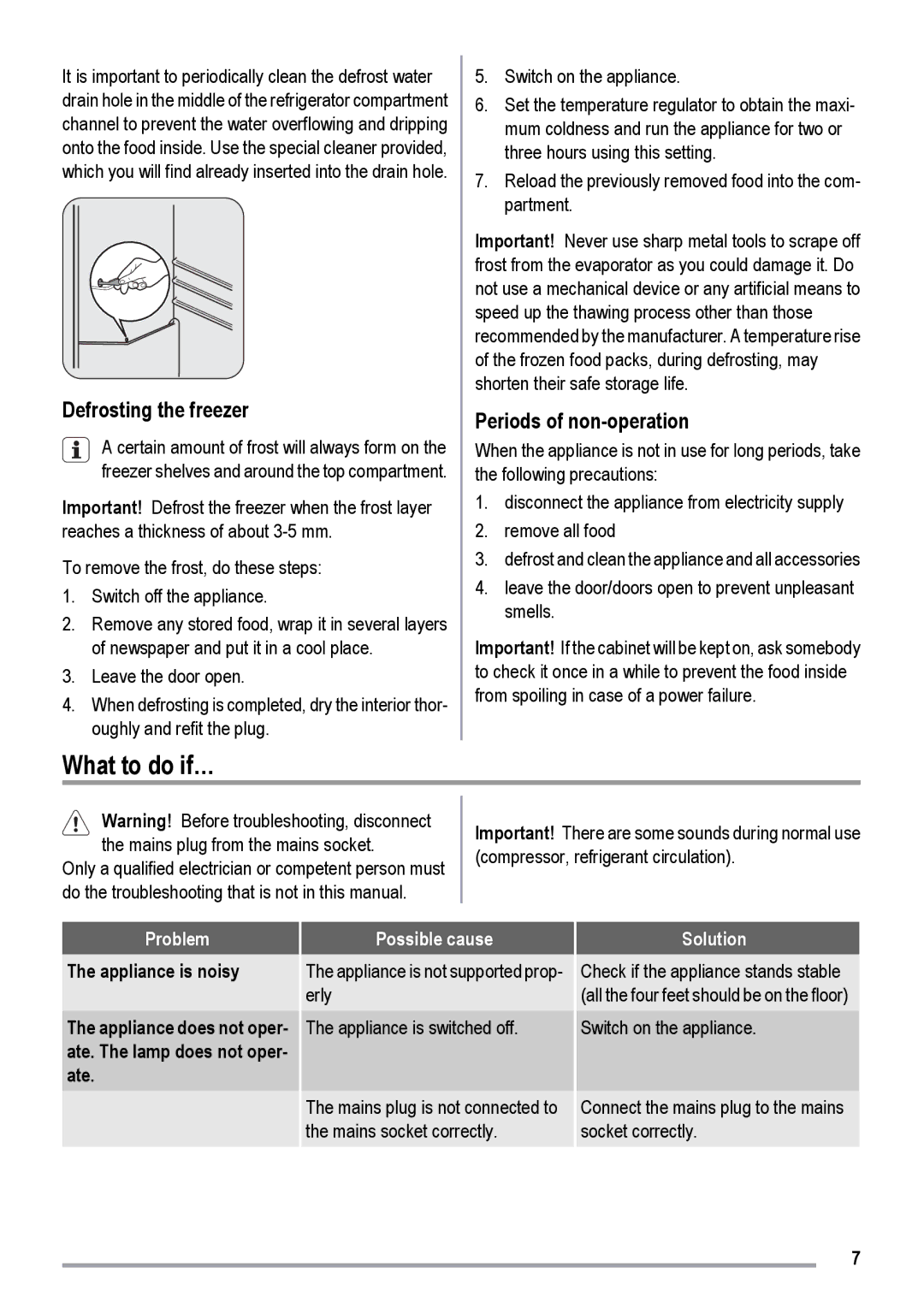 Electrolux ZKR1516, ZKR1506, ZKR1526 user manual What to do if…, Defrosting the freezer, Periods of non-operation 