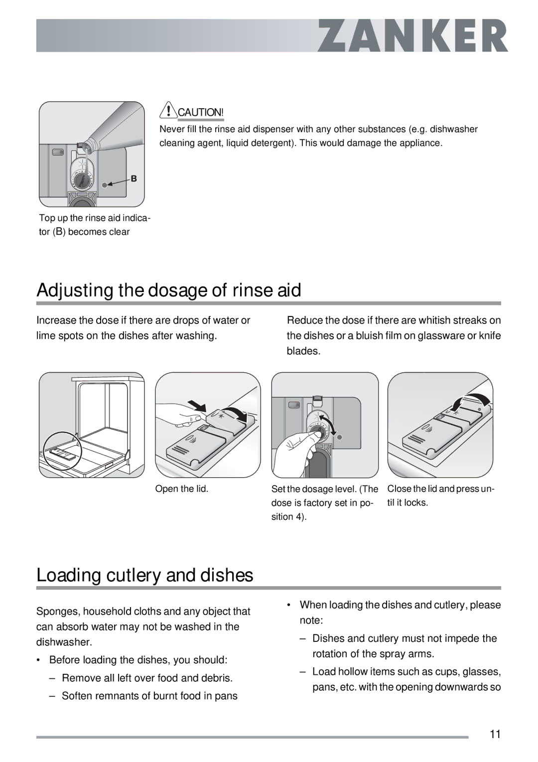 Electrolux ZKS5653 user manual Adjusting the dosage of rinse aid, Loading cutlery and dishes 