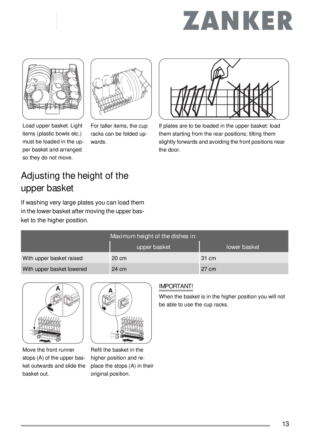 Electrolux ZKS5653 Adjusting the height of the upper basket, Maximum height of the dishes, Upper basket, Lower basket 