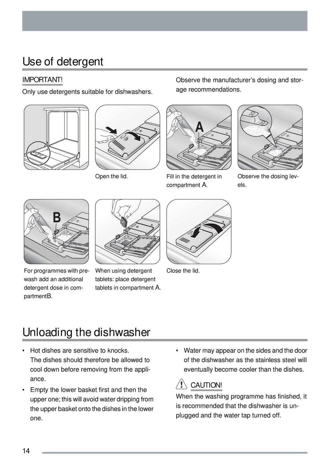 Electrolux ZKS5653 user manual Use of detergent, Unloading the dishwasher 