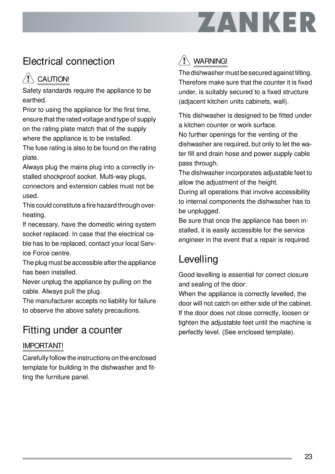 Electrolux ZKS5653 user manual Electrical connection, Fitting under a counter, Levelling 