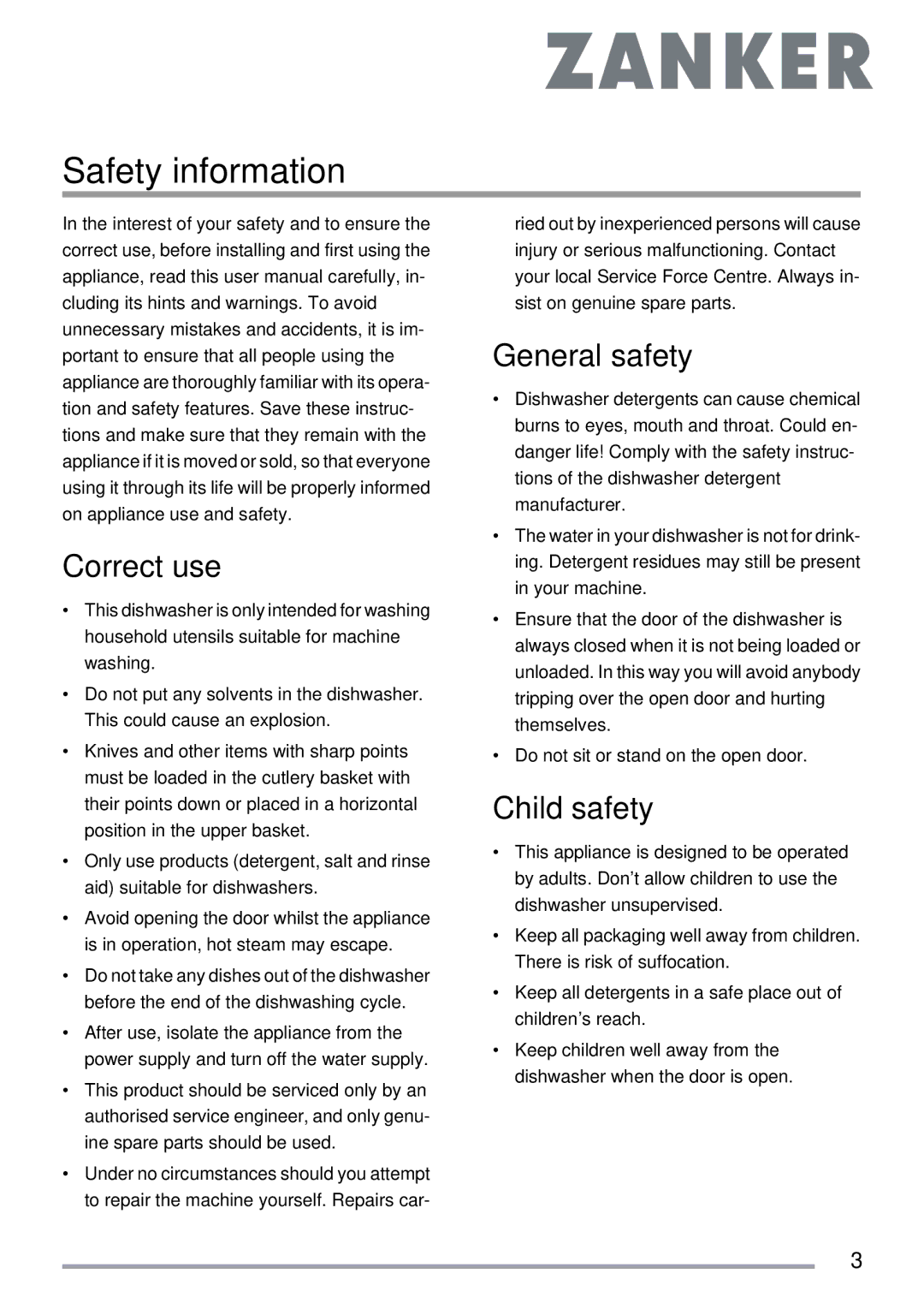 Electrolux ZKS5653 user manual Safety information, Correct use, General safety, Child safety 