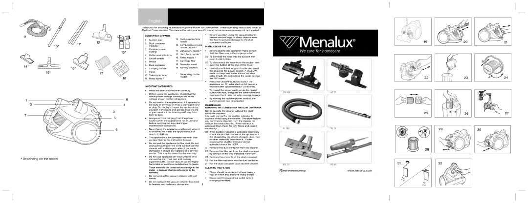 Electrolux ZSH720, ZSH710, ZSH730 operating instructions Englis h, De pe nding on th e m ode l 