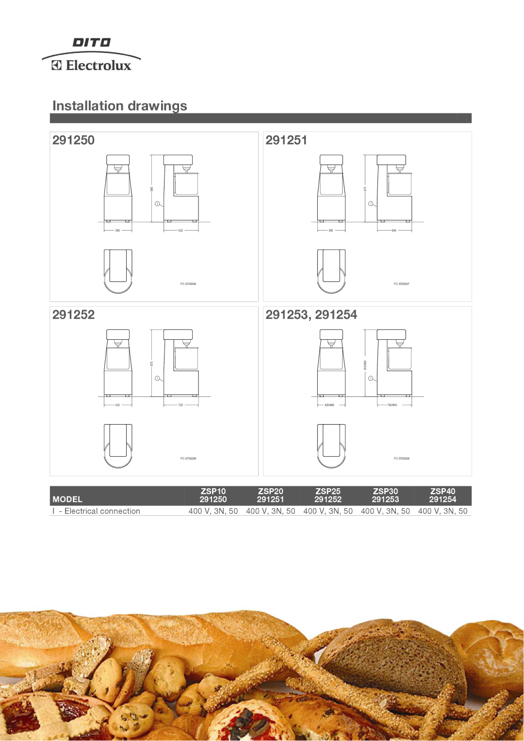 Electrolux ZSP25, ZSP40, ZSP30, ZSP10, ZSP20 manual Installation drawings, 291250 291251 291252 291253 291254 