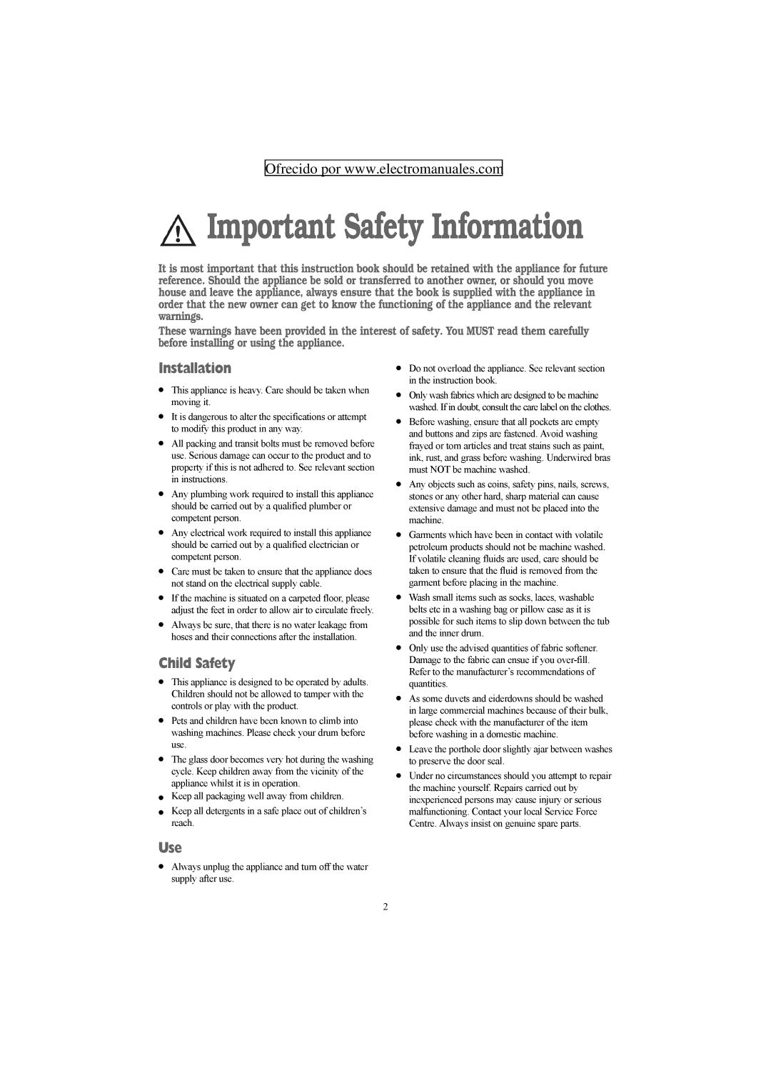 Electrolux ZWF 1427 W manual Installation, Child Safety, Use 