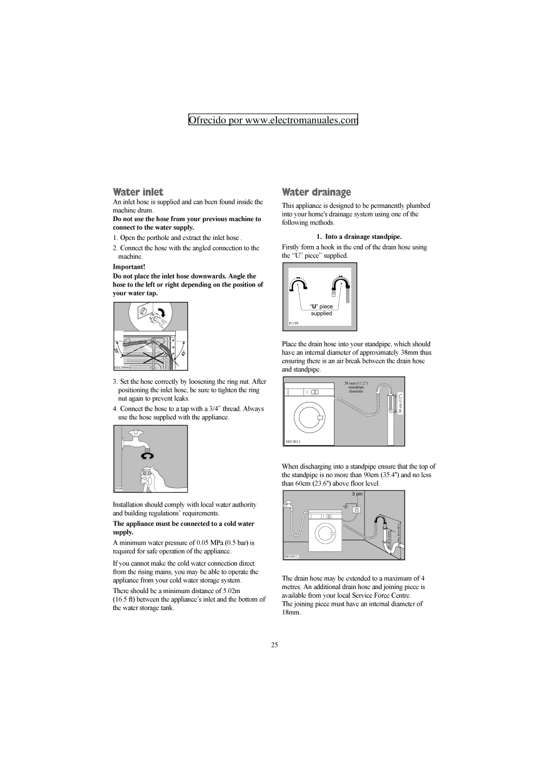 Electrolux ZWF 1427 W manual Water inlet, Water drainage, Appliance must be connected to a cold water supply 