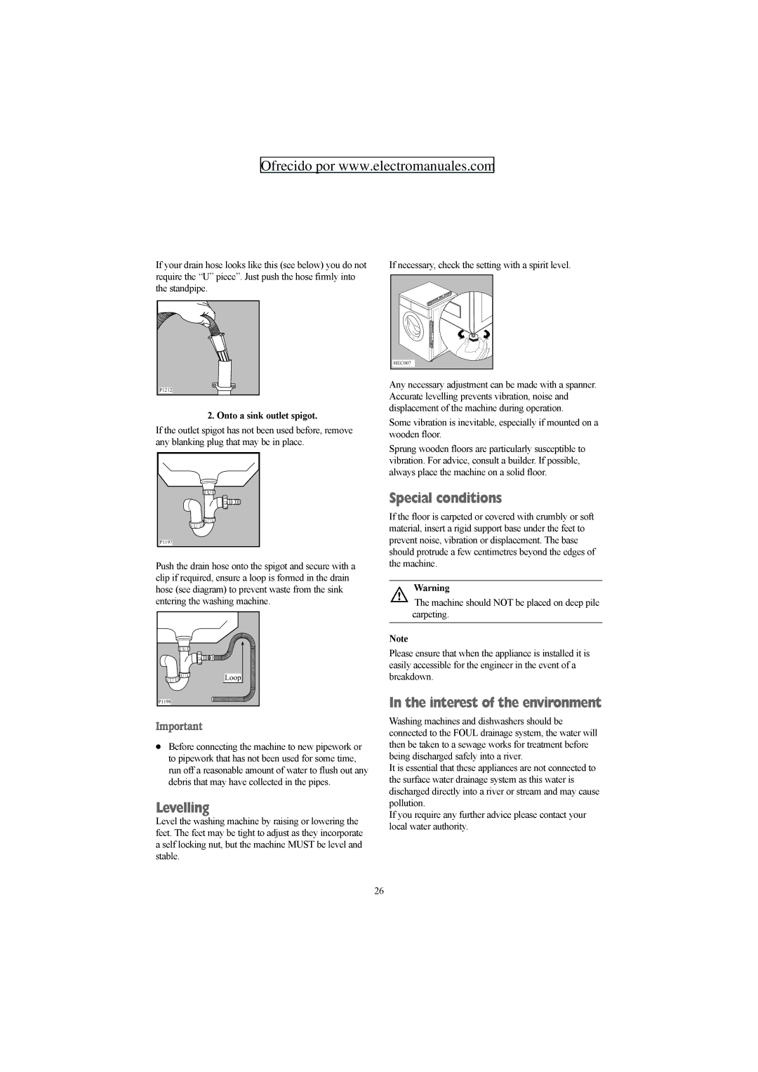 Electrolux ZWF 1427 W manual Levelling, Special conditions, Onto a sink outlet spigot 