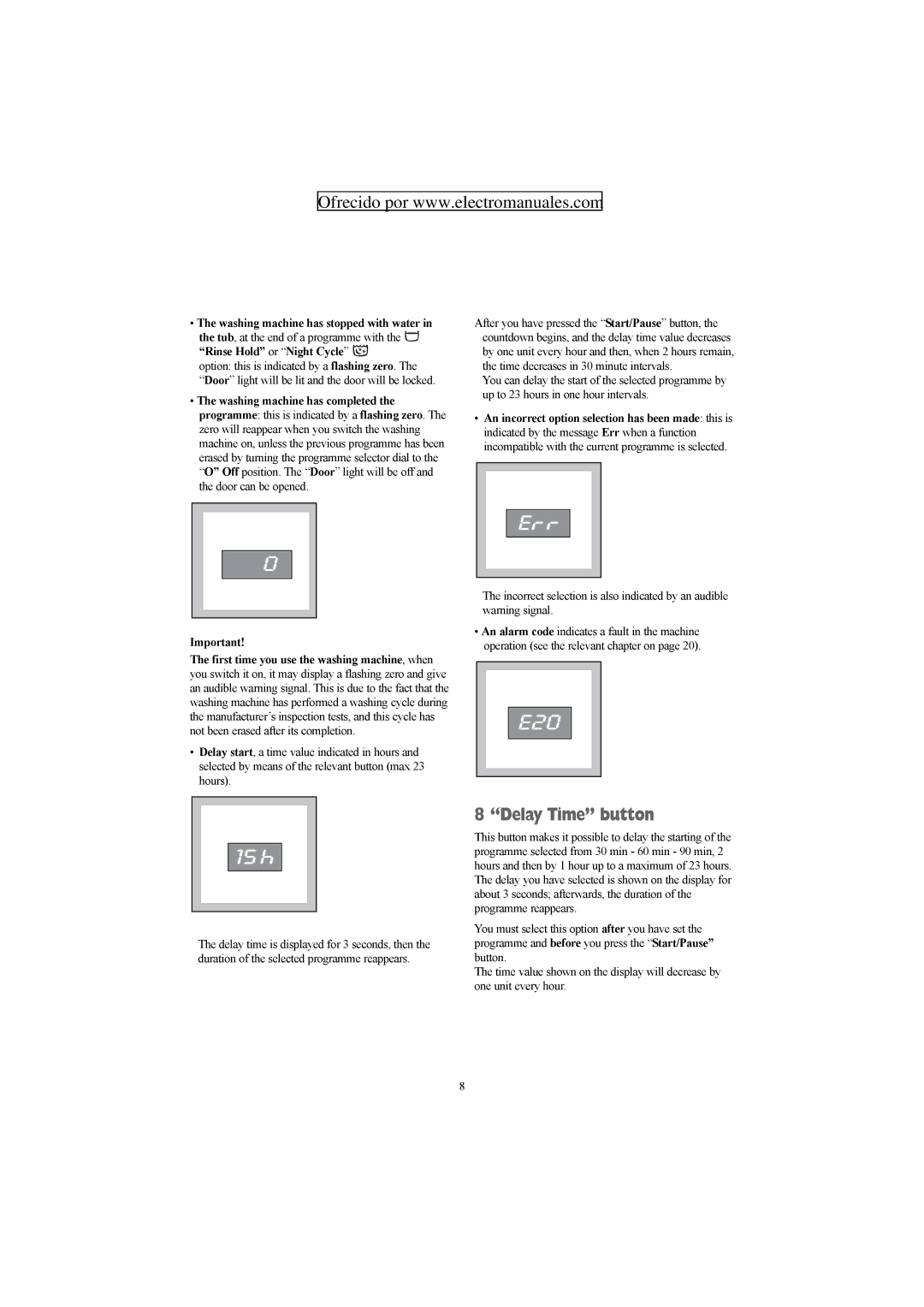 Electrolux ZWF 1427 W manual E20, Delay Time button 