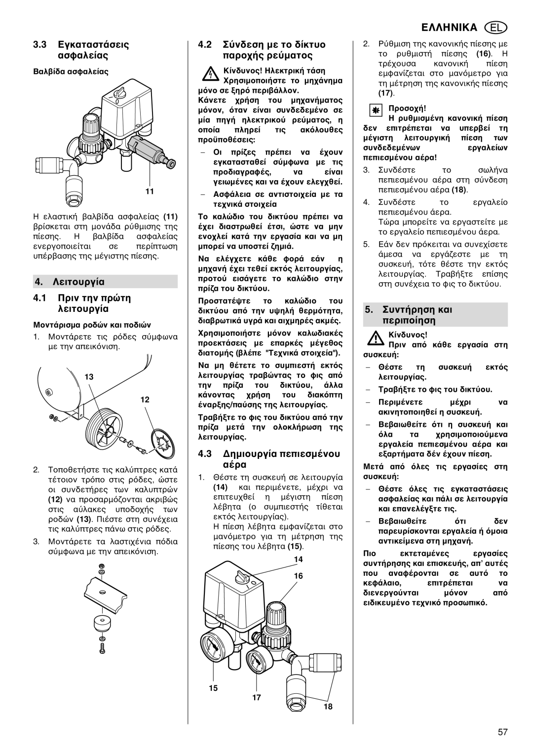 Elektra Beckum Basic 265 manual ÅãêáôáóôÜóåéò Áóöáëåßáò, Ëåéôïõñãßá Ðñéí ôçí ðñþôç ëåéôïõñãßá, Äçìéïõñãßá ðåðéåóìÝíïõ áÝñá 