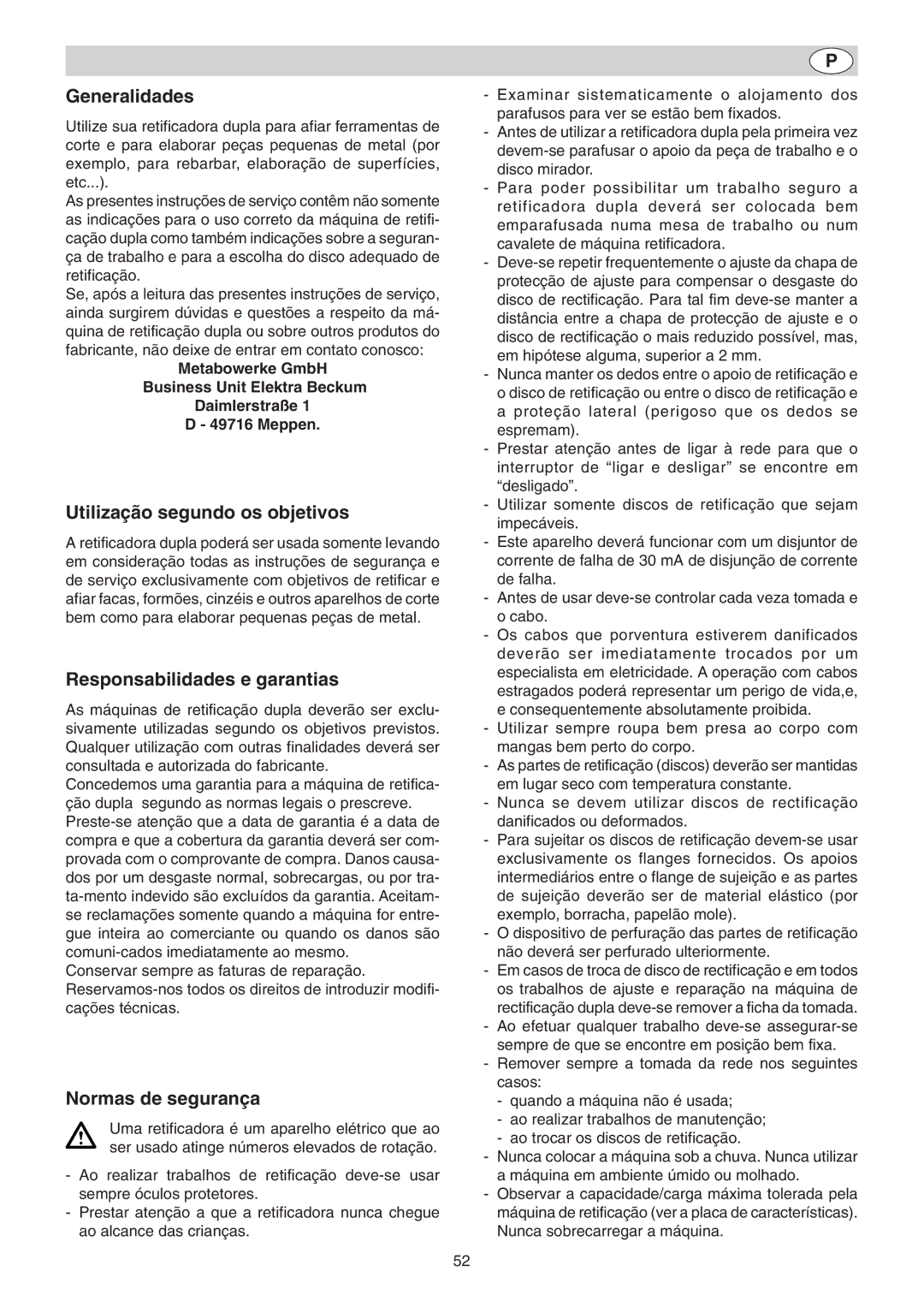 Elektra Beckum DS 200 W, DS 175 D Utilização segundo os objetivos, Responsabilidades e garantias, Normas de segurança 