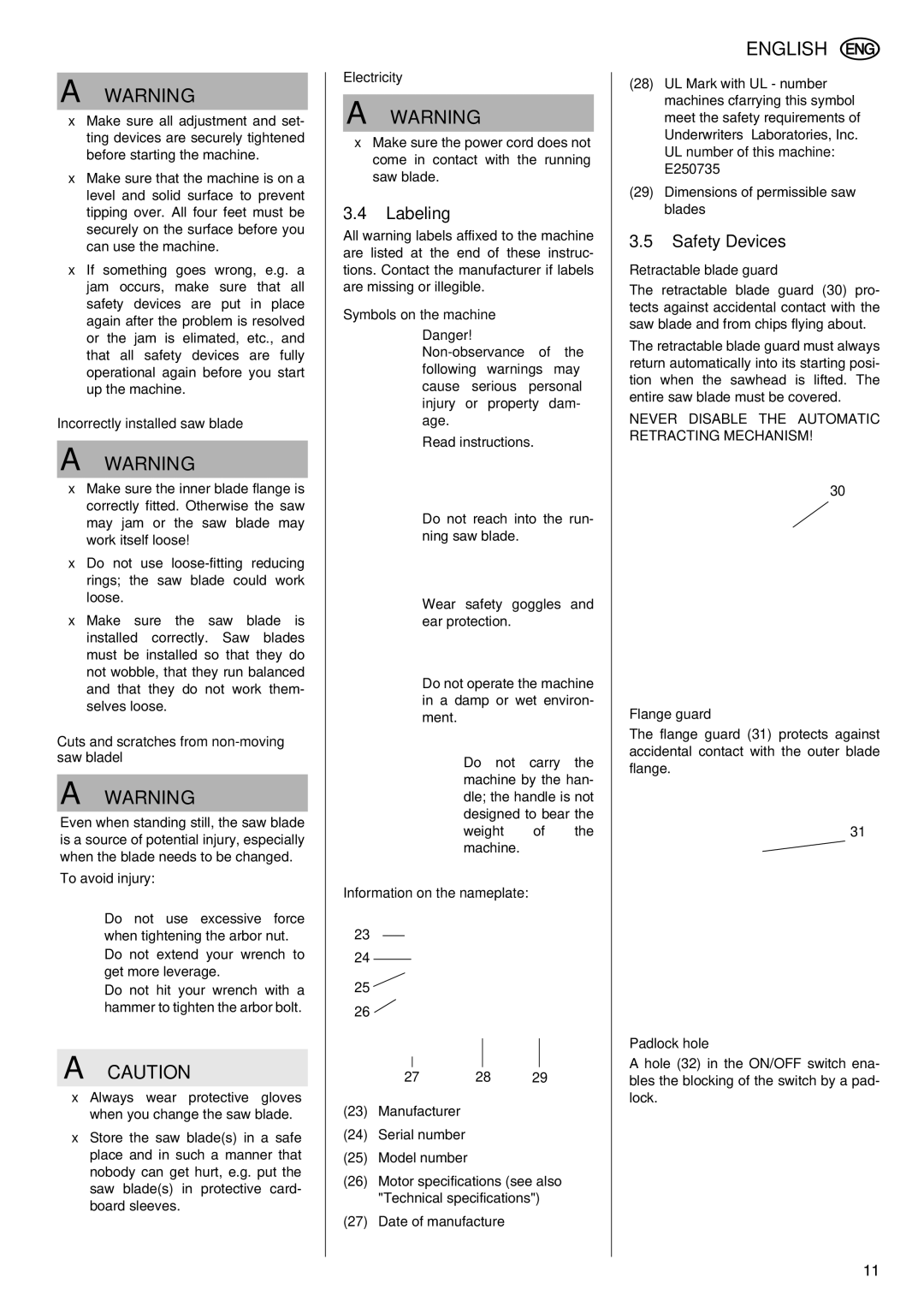 Elektra Beckum KGS 303 operating instructions Labeling, Safety Devices 