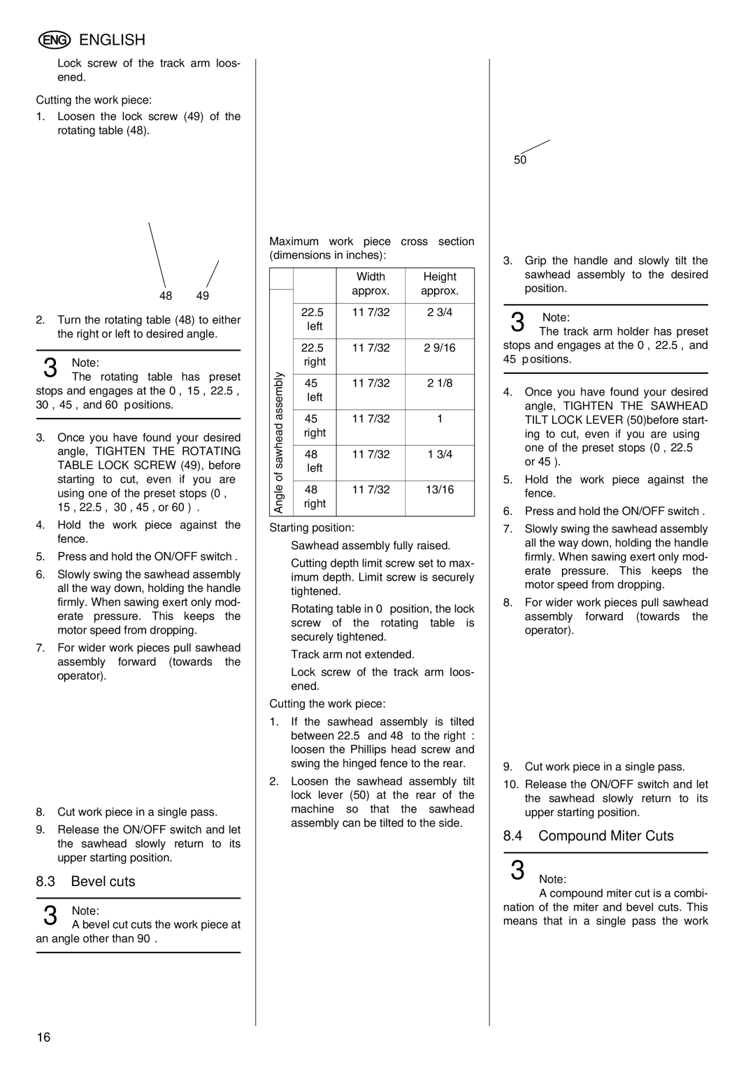 Elektra Beckum KGS 303 operating instructions Bevel cuts, Compound Miter Cuts 