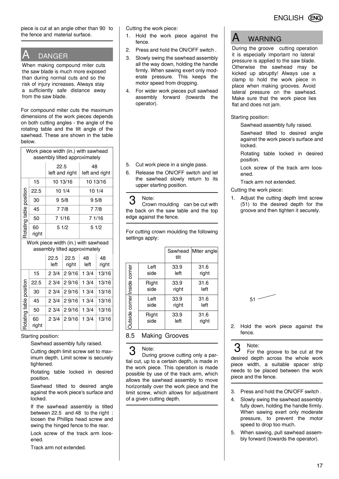 Elektra Beckum KGS 303 operating instructions Making Grooves 