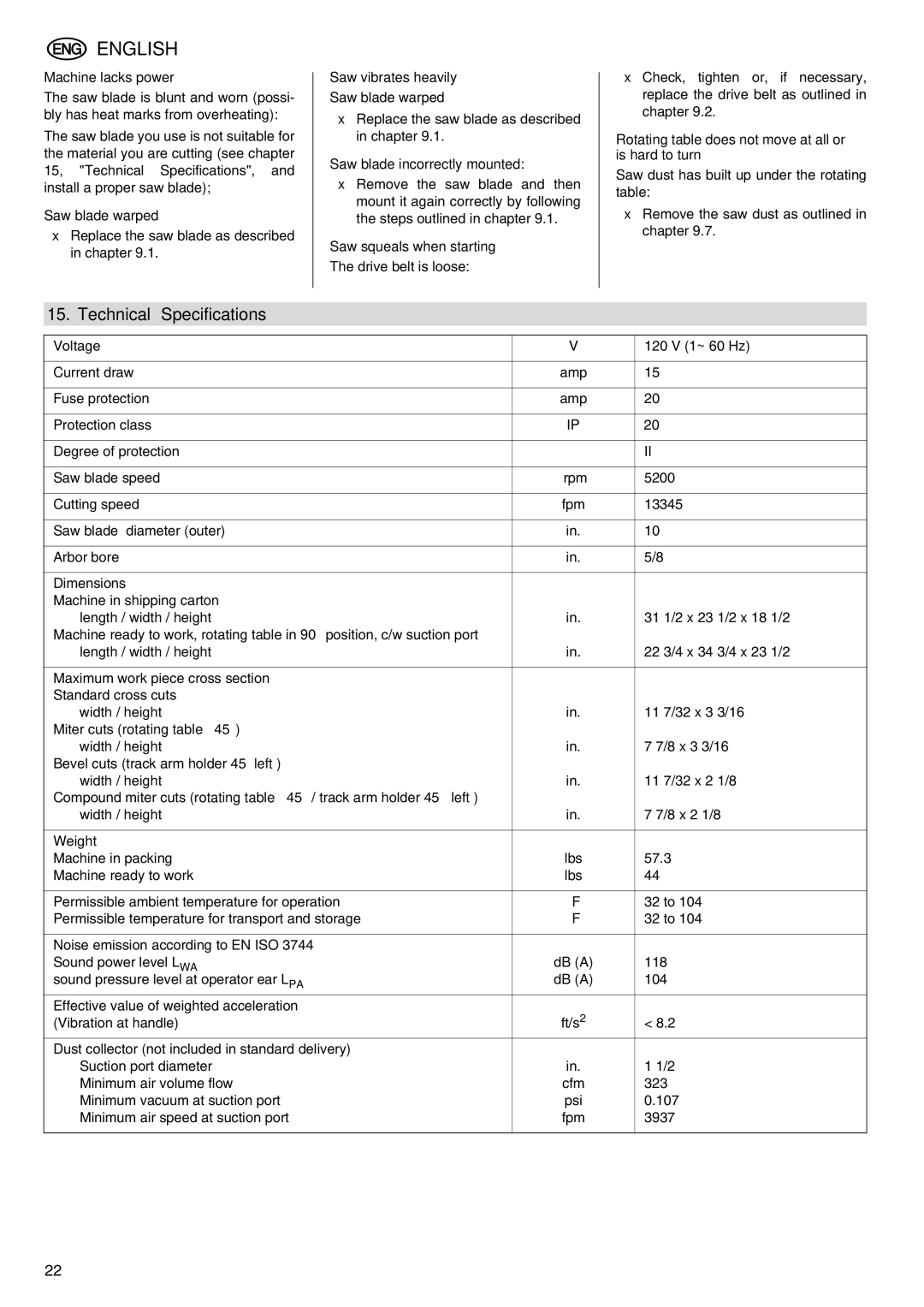 Elektra Beckum KGS 303 operating instructions Technical Specifications 