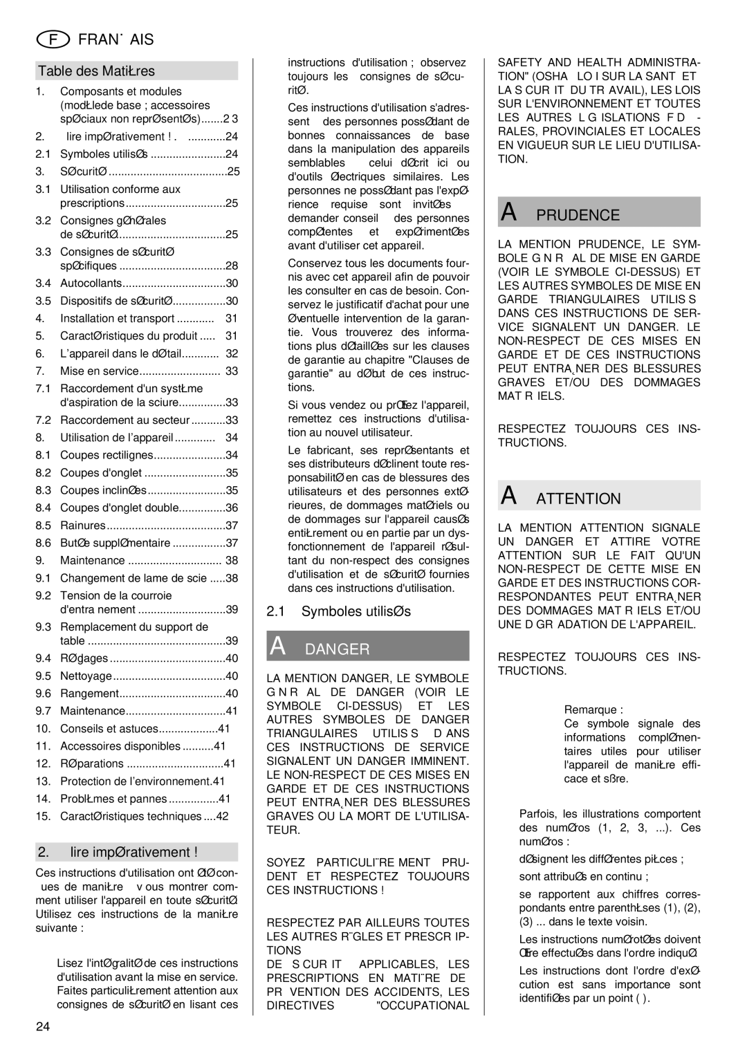 Elektra Beckum KGS 303 operating instructions Table des Matières, Lire impérativement, Symboles utilisés 