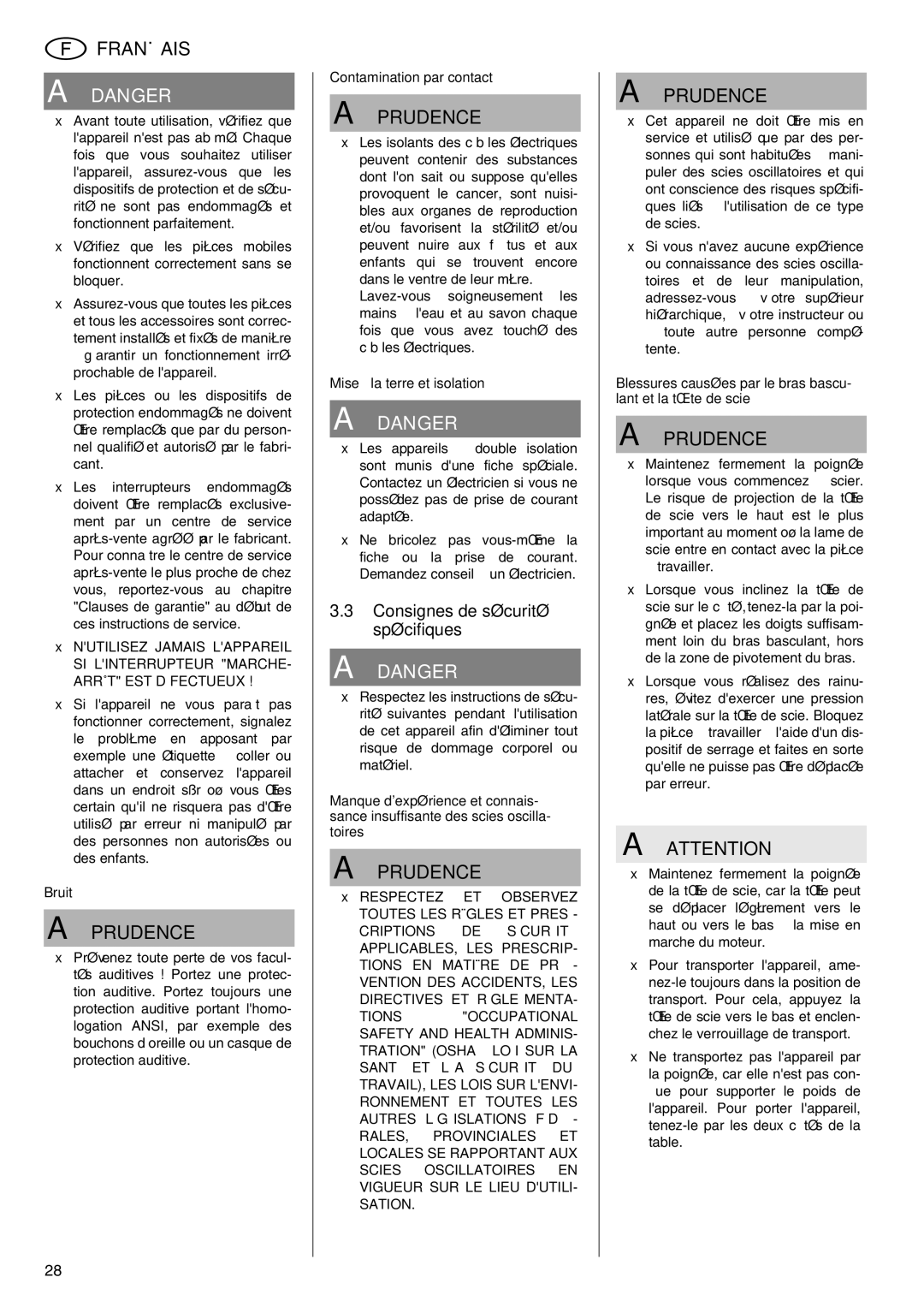 Elektra Beckum KGS 303 Consignes de sécurité spécifiques, Bruit, Contamination par contact, Mise à la terre et isolation 