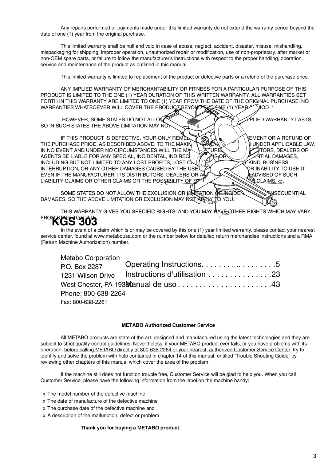 Elektra Beckum KGS 303 operating instructions Metabo Authorized Customer Service, Thank you for buying a Metabo product 