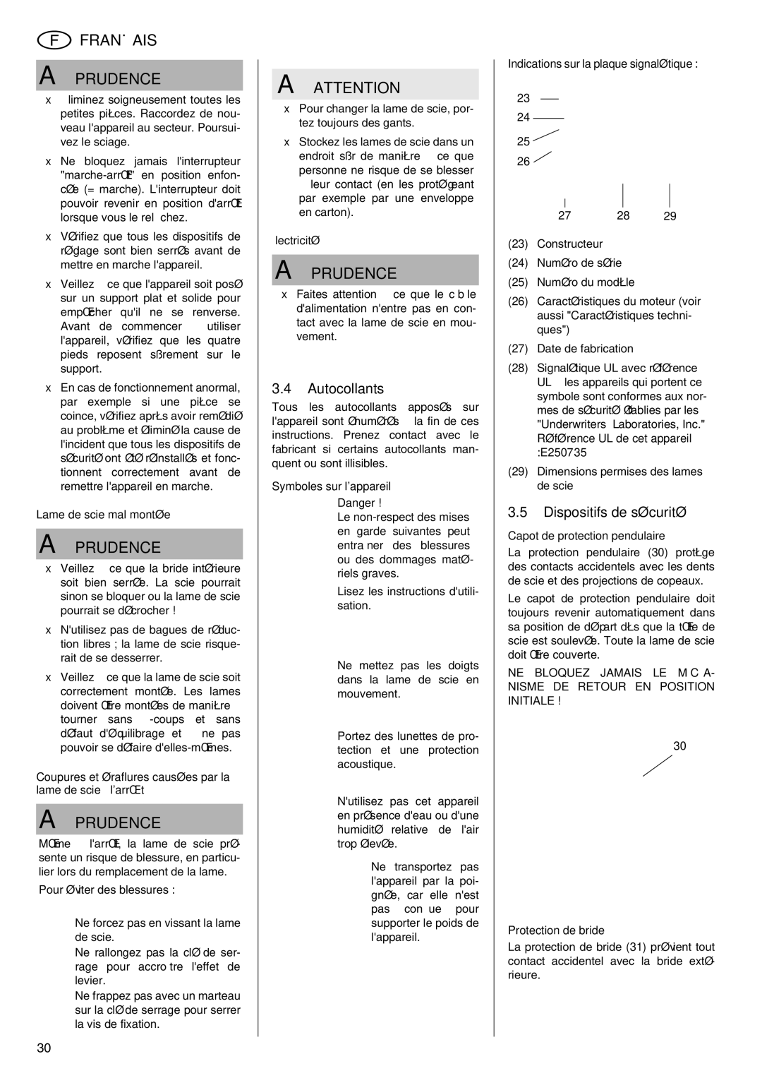 Elektra Beckum KGS 303 operating instructions Autocollants, Dispositifs de sécurité 