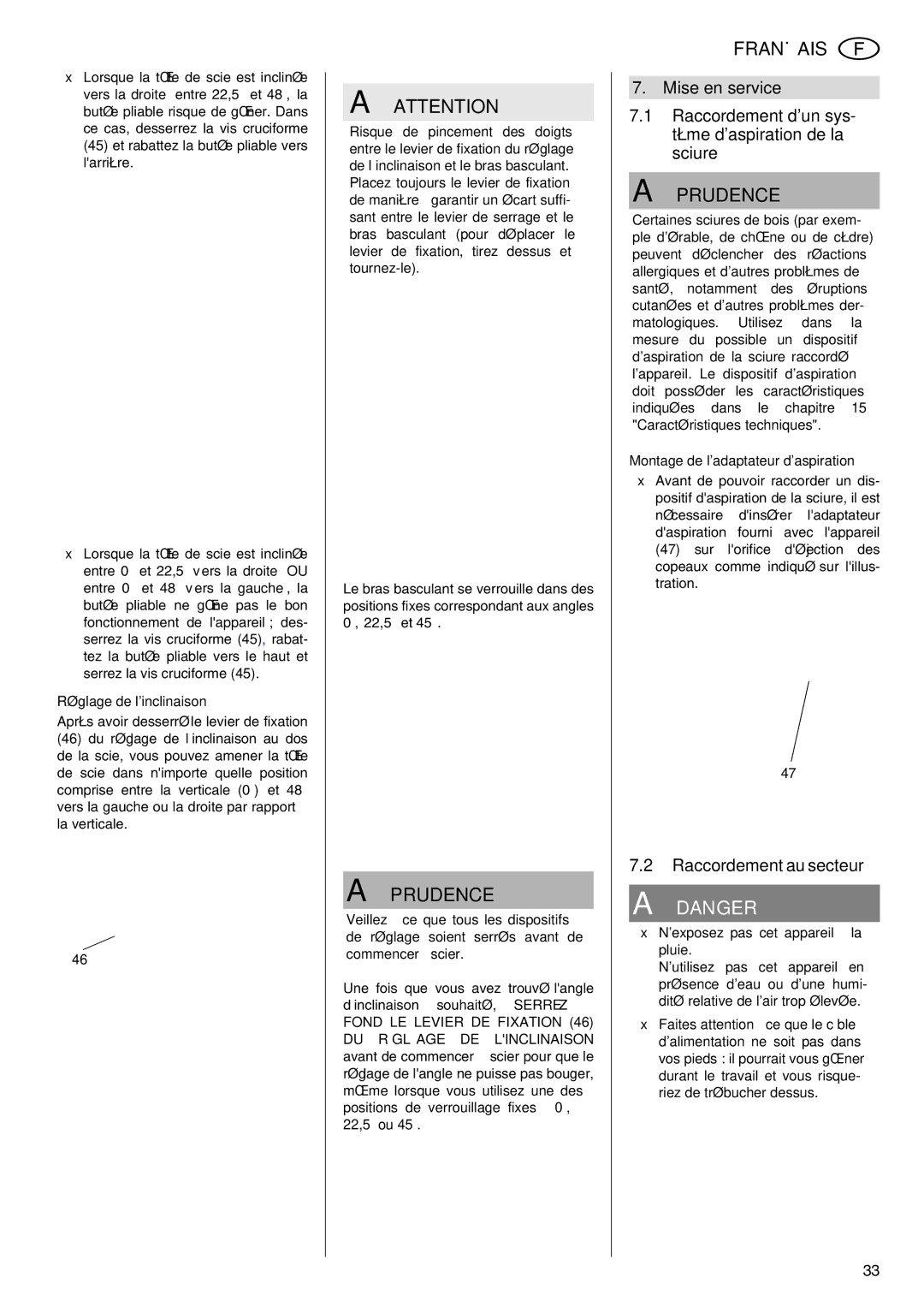 Elektra Beckum KGS 303 operating instructions Raccordement au secteur, Réglage de linclinaison 