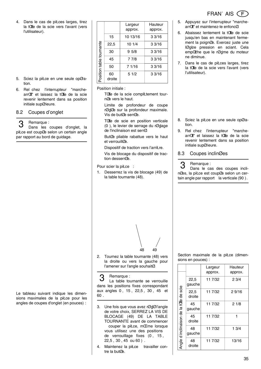 Elektra Beckum KGS 303 operating instructions Coupes donglet, Coupes inclinées 