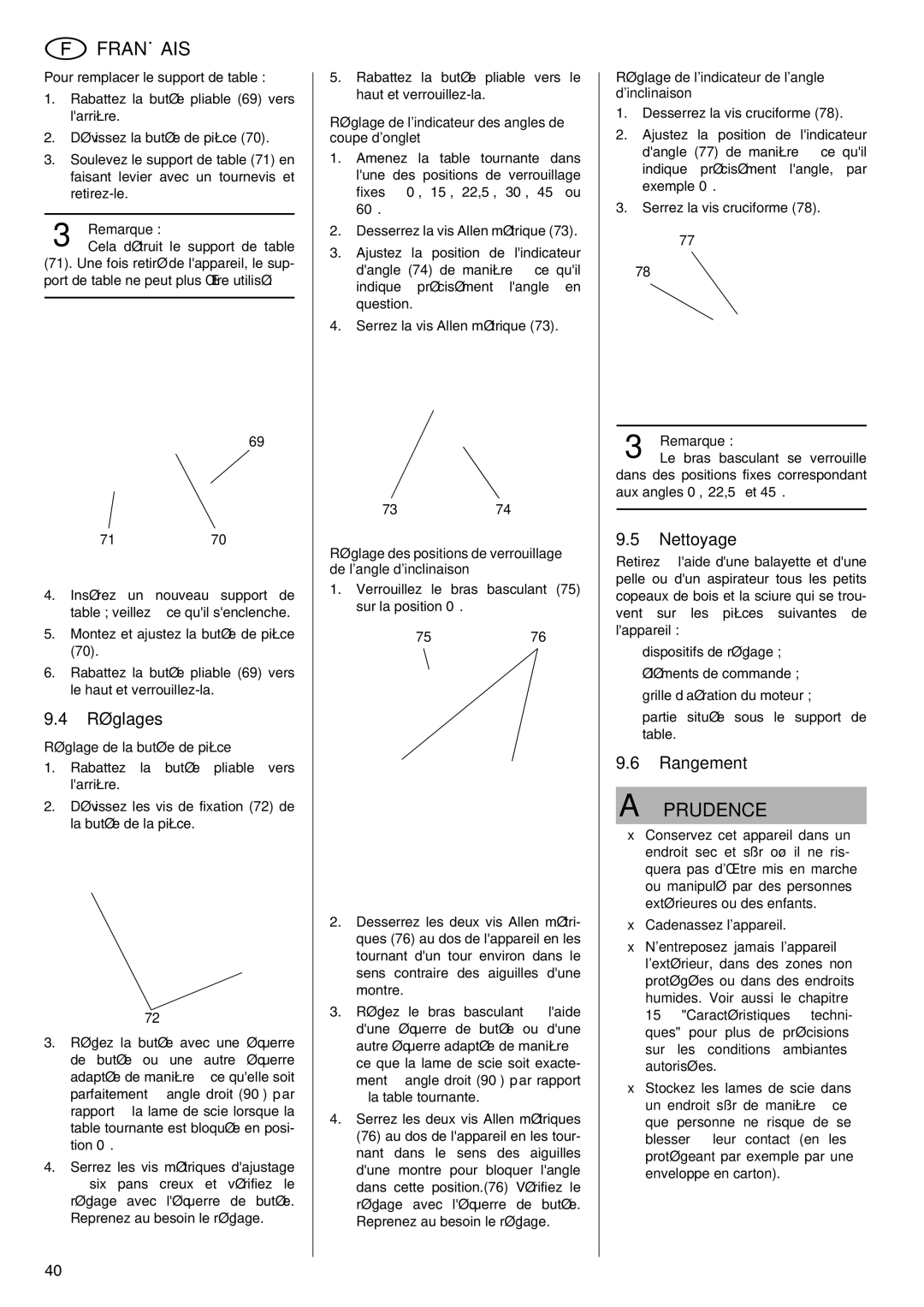 Elektra Beckum KGS 303 operating instructions Réglages, Nettoyage, Rangement 