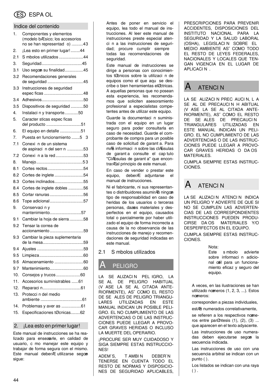 Elektra Beckum KGS 303 operating instructions Indice del contenido, ¡Lea esto en primer lugar, Símbolos utilizados 