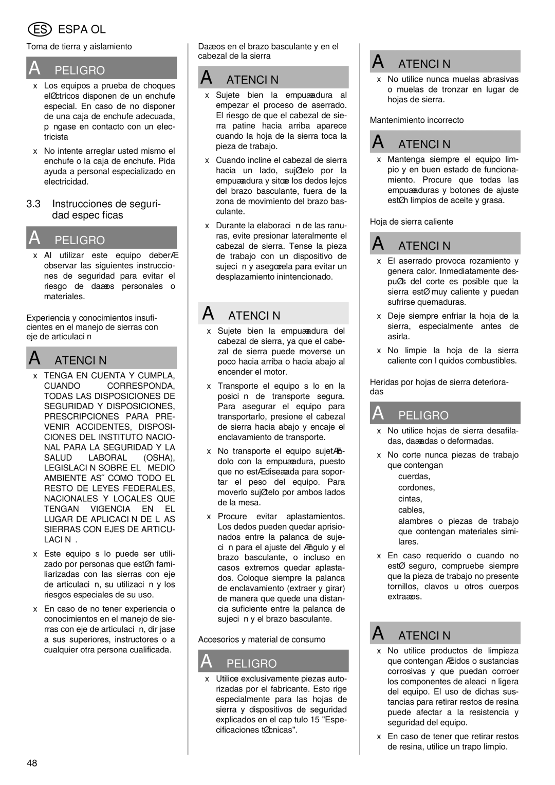 Elektra Beckum KGS 303 operating instructions Instrucciones de seguri- dad específicas 