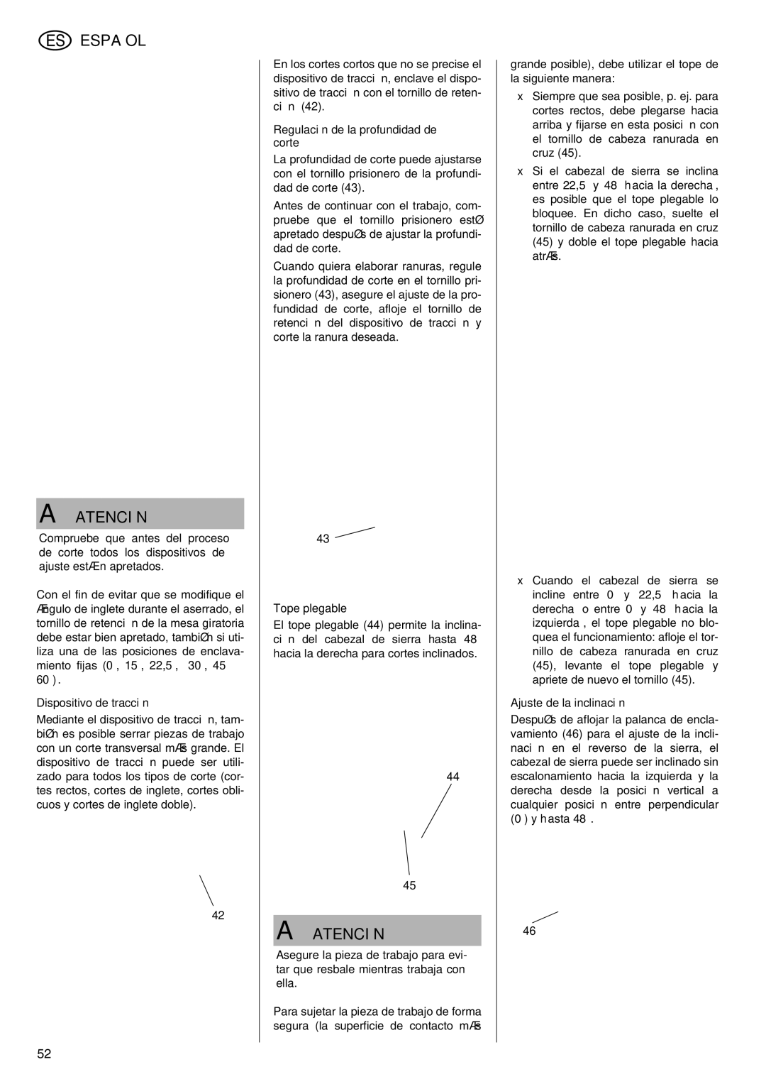 Elektra Beckum KGS 303 operating instructions Dispositivo de tracción, Regulación de la profundidad de corte, Tope plegable 