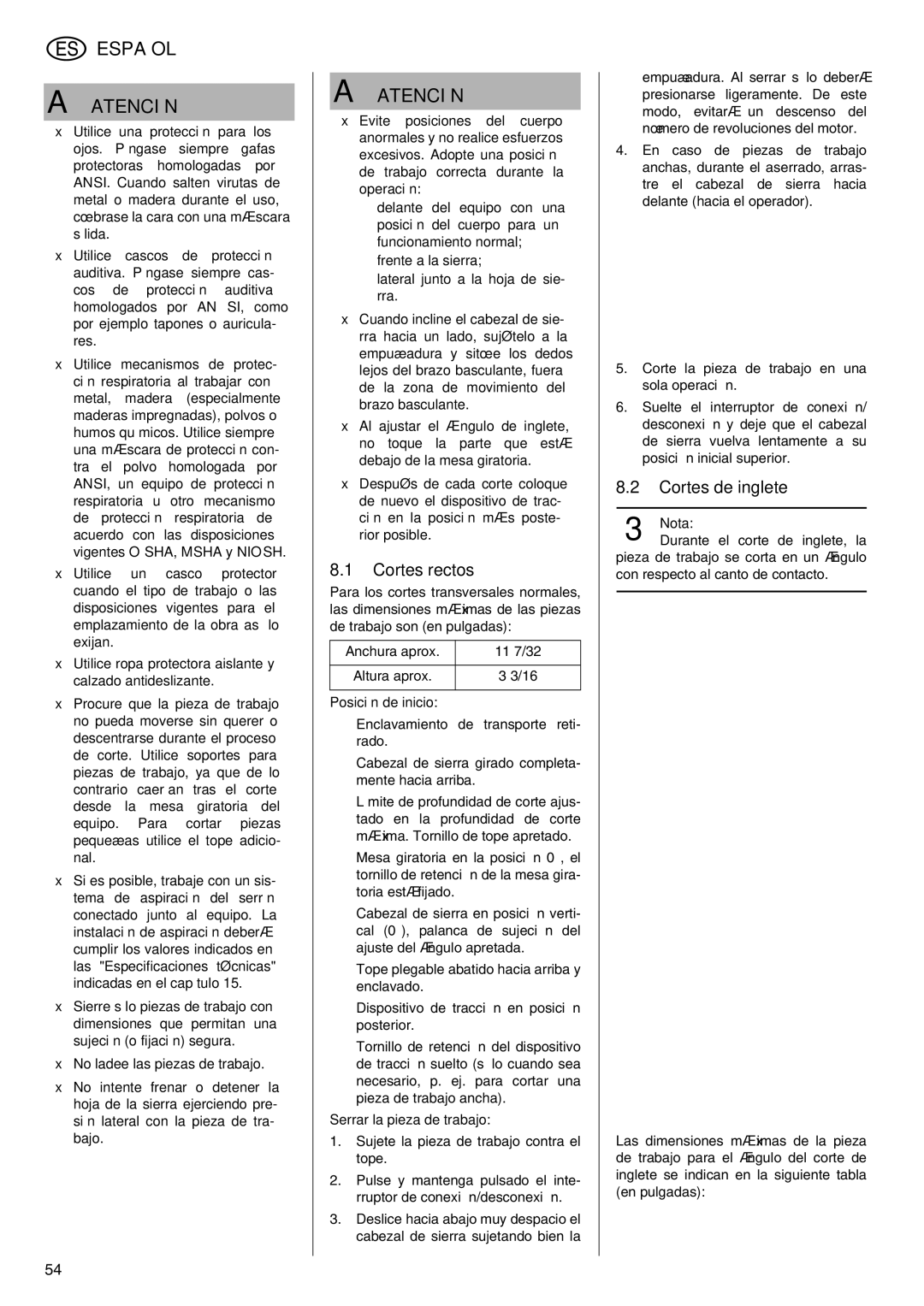 Elektra Beckum KGS 303 Cortes rectos, Cortes de inglete, Posición de inicio, Serrar la pieza de trabajo 