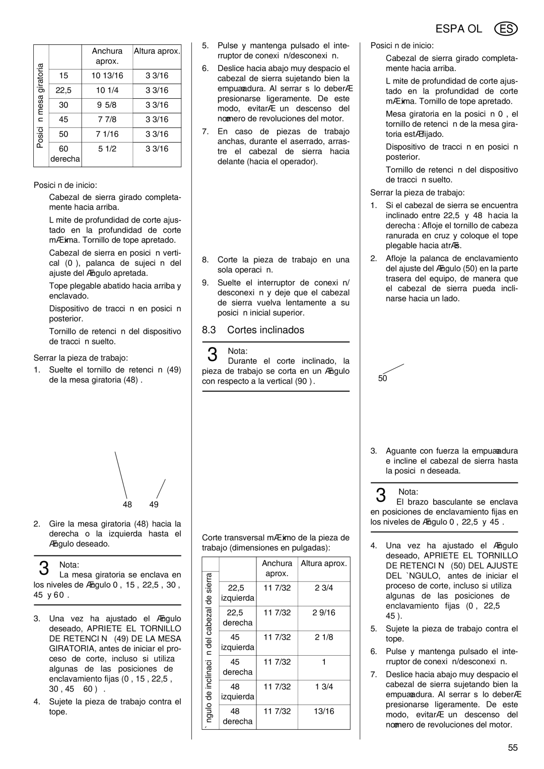 Elektra Beckum KGS 303 operating instructions Cortes inclinados 