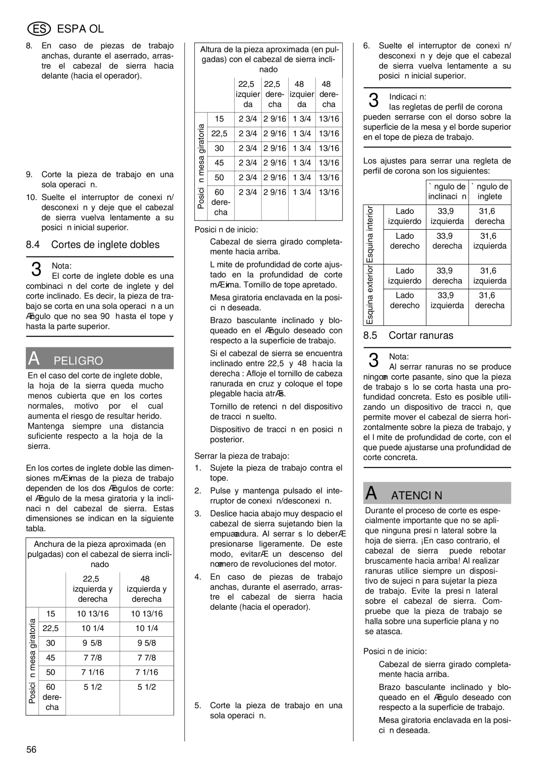 Elektra Beckum KGS 303 operating instructions Cortes de inglete dobles, Cortar ranuras 