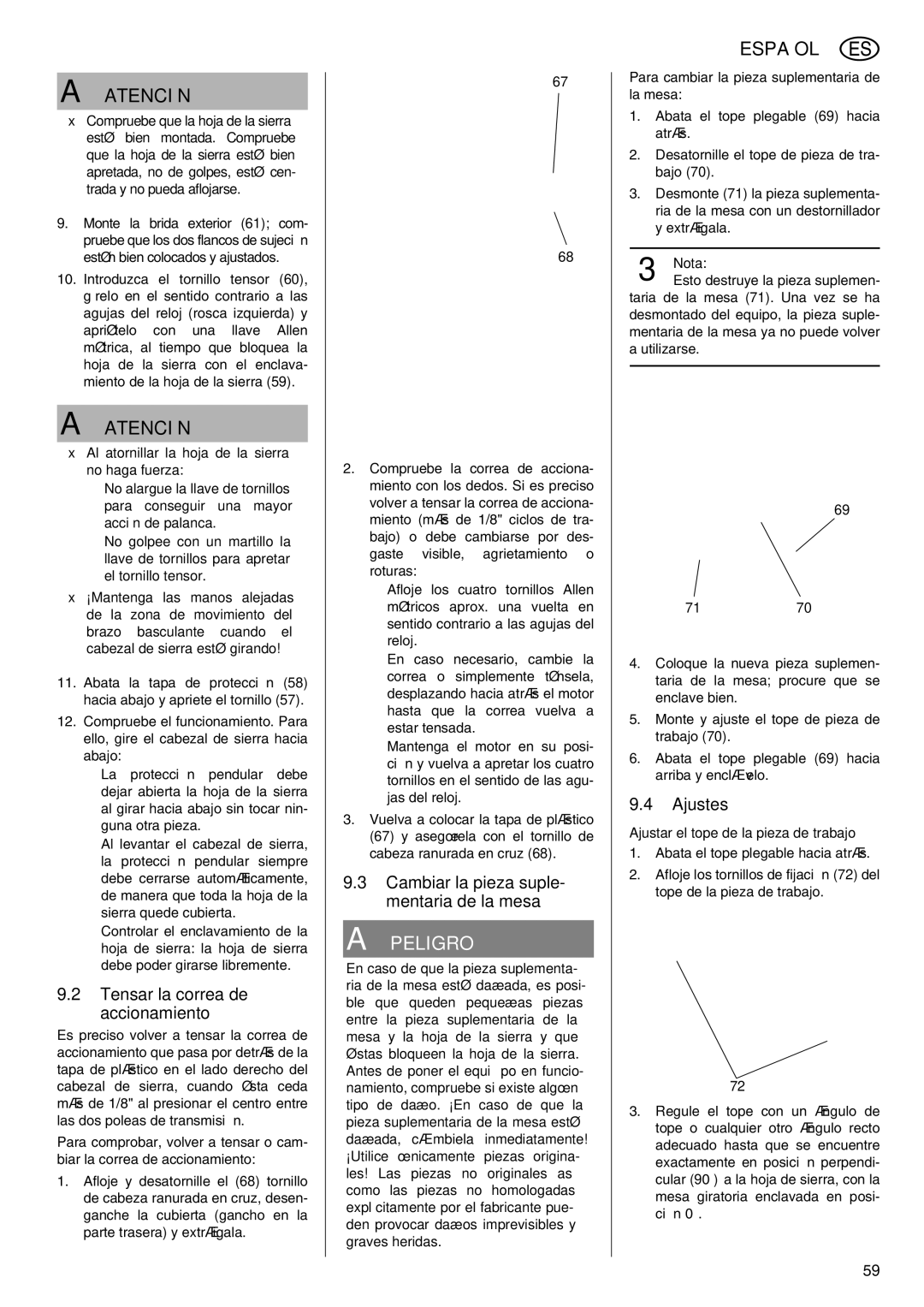 Elektra Beckum KGS 303 Tensar la correa de accionamiento, Cambiar la pieza suple- mentaria de la mesa, Ajustes 