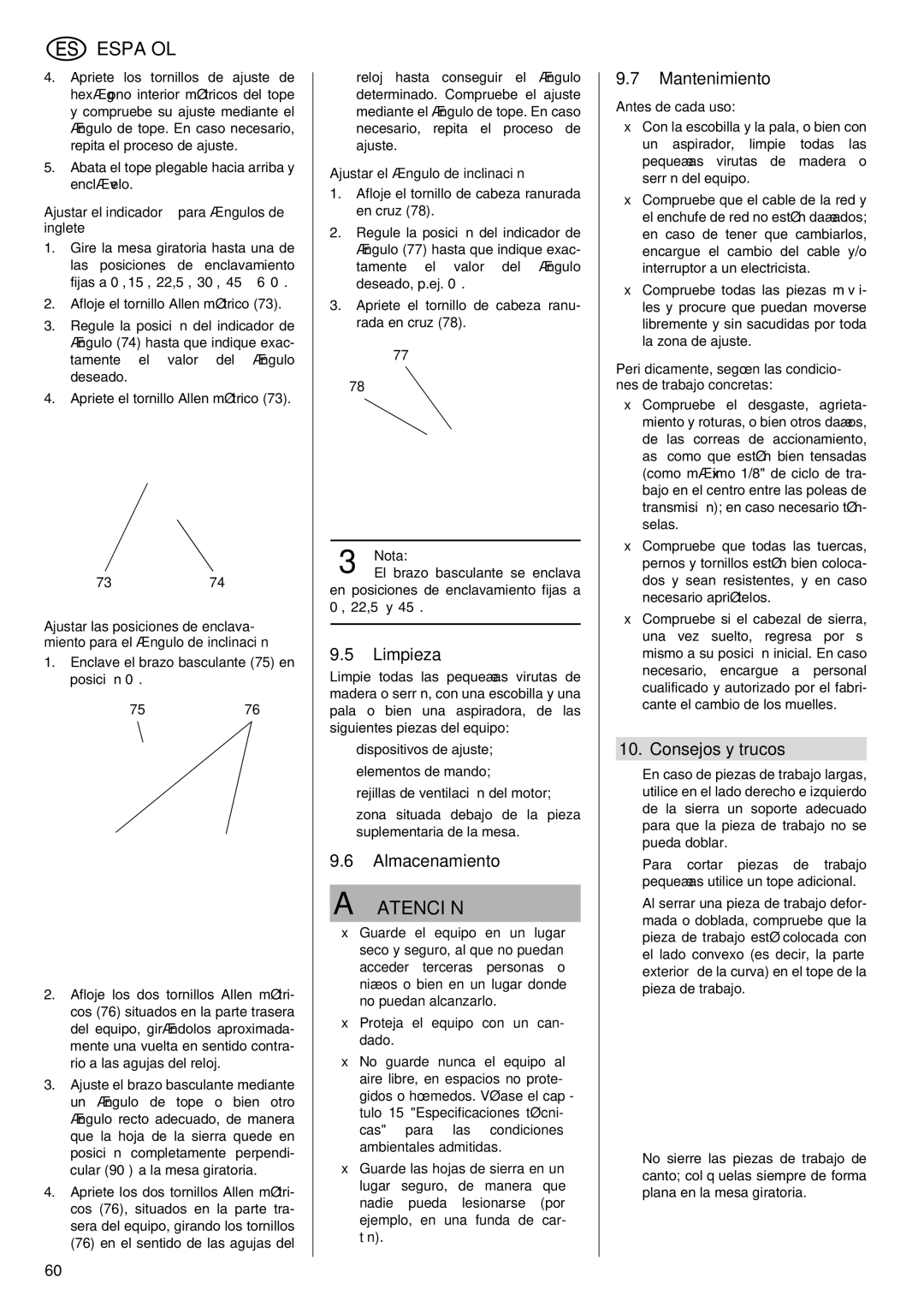 Elektra Beckum KGS 303 operating instructions Limpieza, Almacenamiento, Mantenimiento, Consejos y trucos 