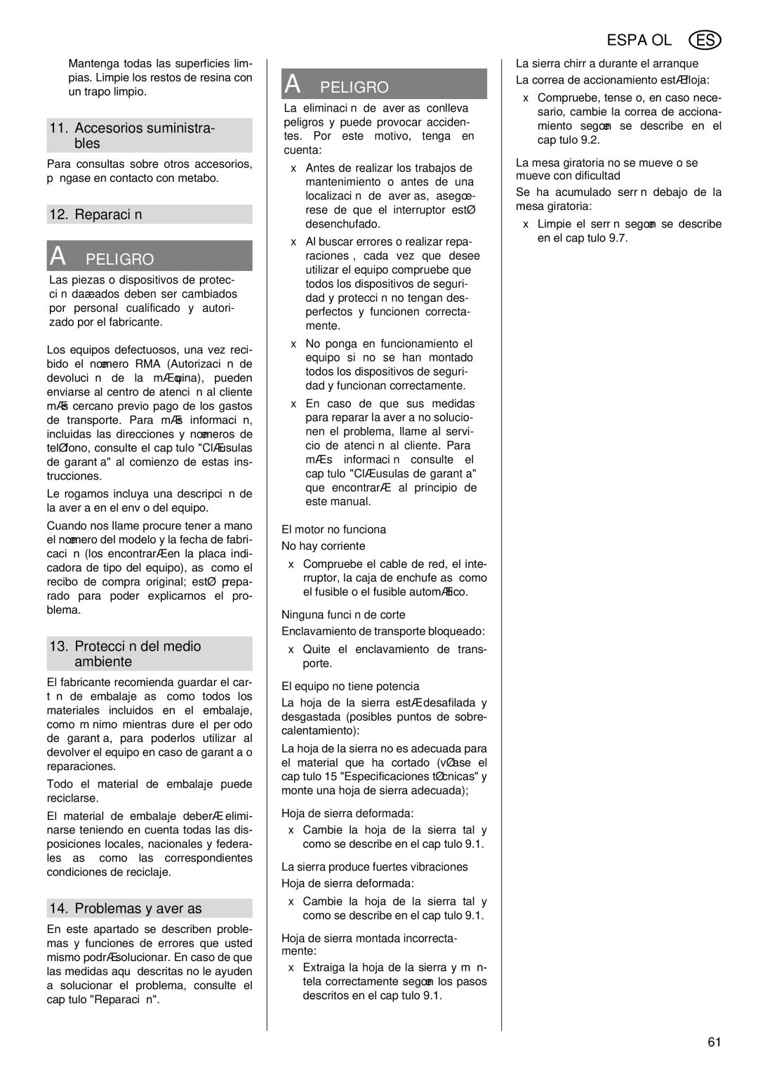 Elektra Beckum KGS 303 Accesorios suministra- bles, Reparación, Protección del medio ambiente, Problemas y averías 