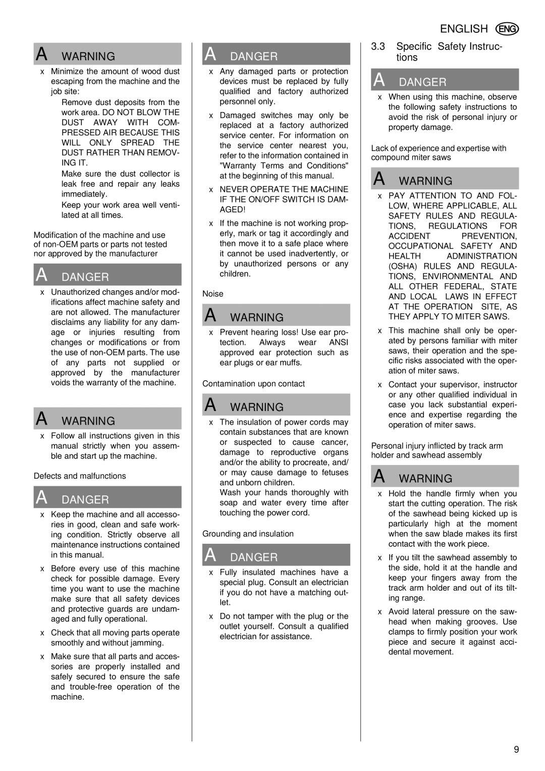 Elektra Beckum KGS 303 operating instructions Specific Safety Instruc- tions 