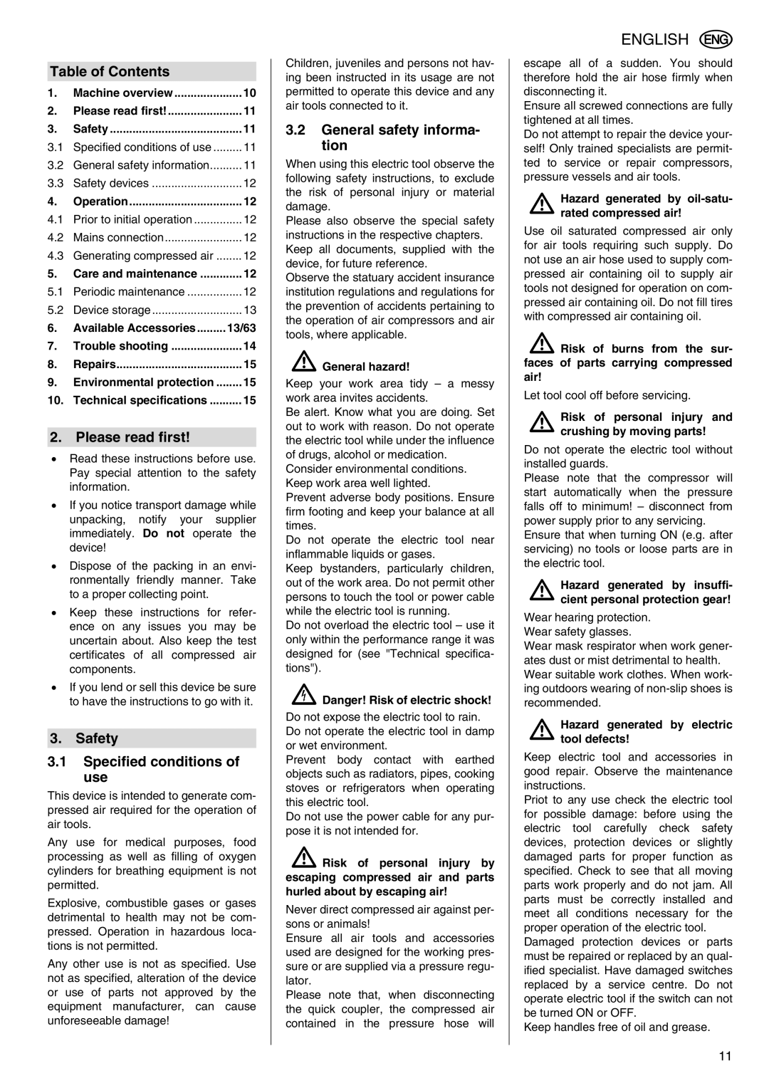 Elektra Beckum Mega 350 D manual Table of Contents, Please read first, Safety Specified conditions of use 