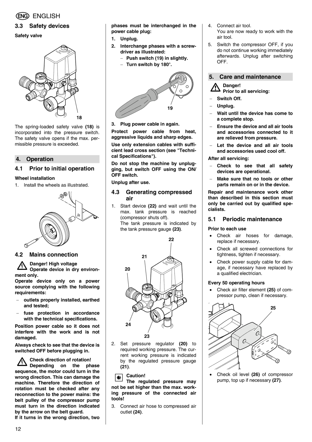 Elektra Beckum Mega 350 D Safety devices, Operation Prior to initial operation, Mains connection, Care and maintenance 