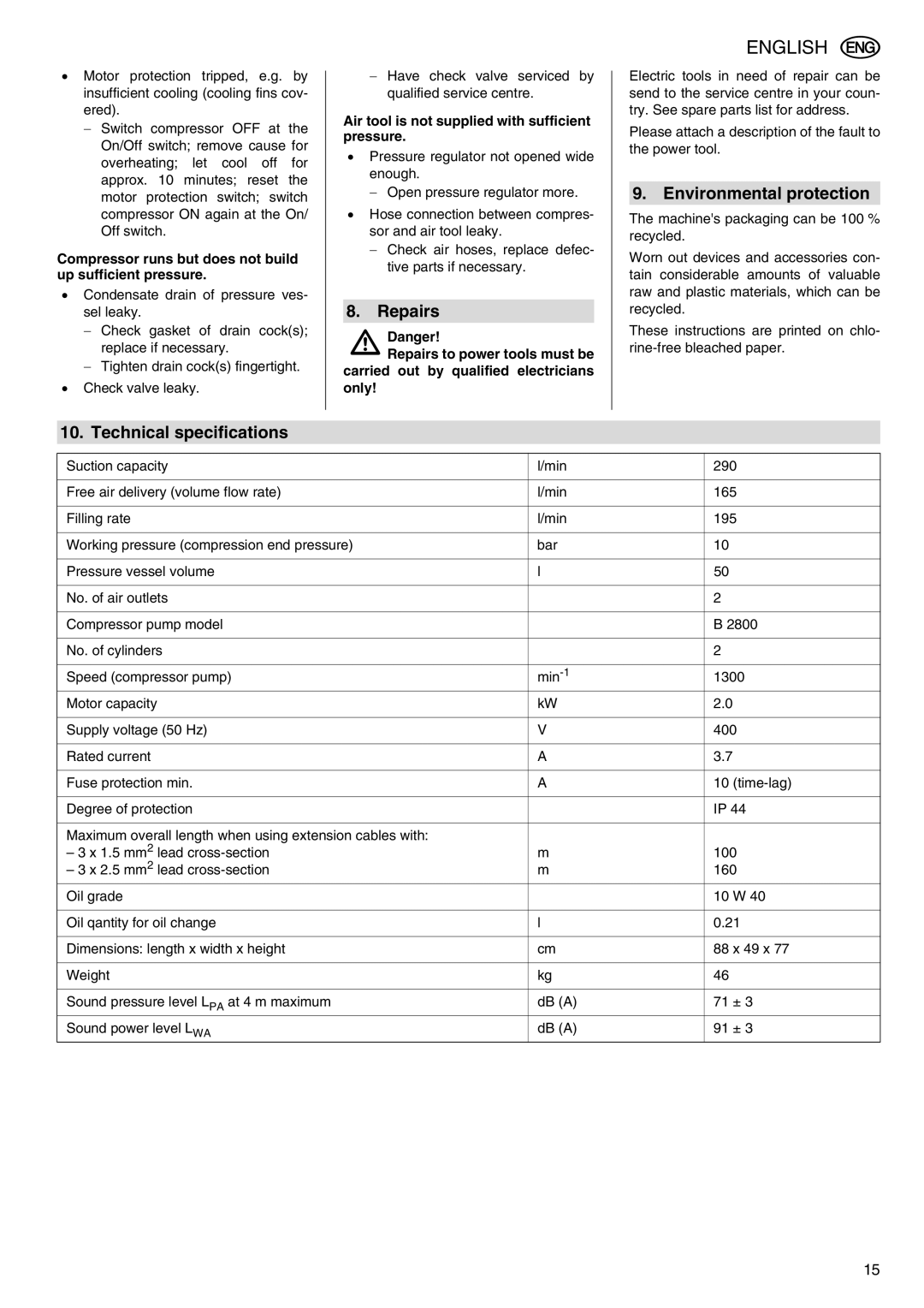 Elektra Beckum Mega 350 D manual Repairs, Environmental protection, Technical specifications 