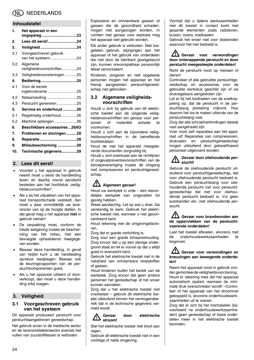 Elektra Beckum Mega 350 D manual Inhoudstafel, Lees dit eerst, Veiligheid Voorgeschreven gebruik van het systeem 