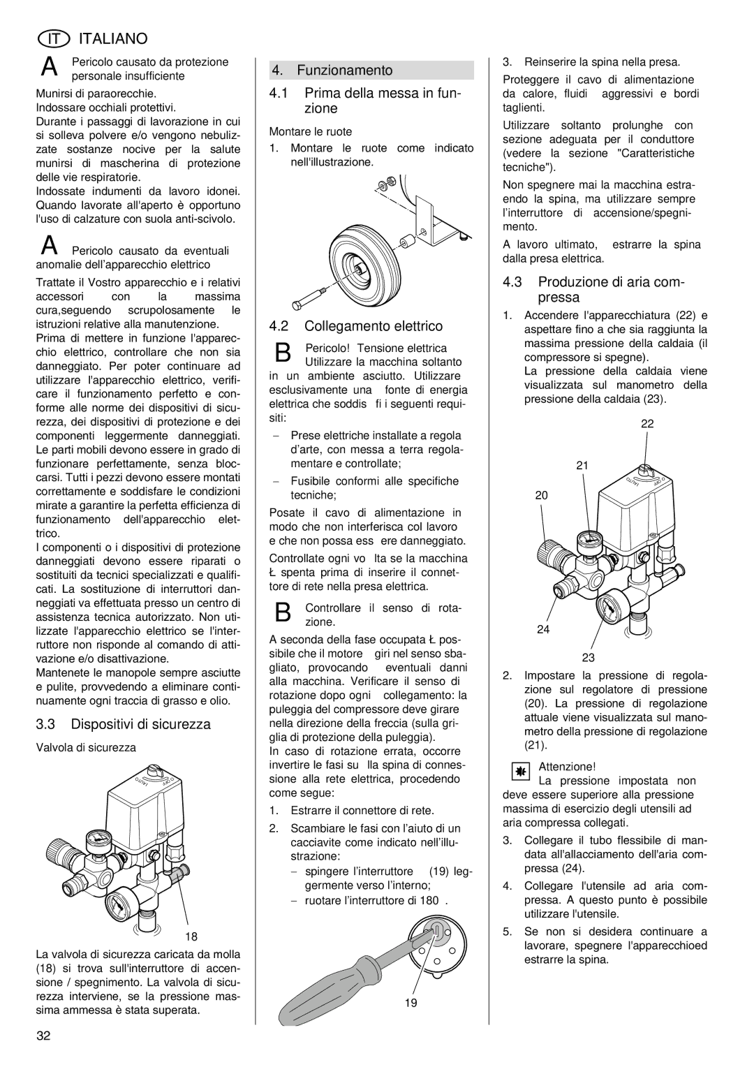 Elektra Beckum Mega 350 D Dispositivi di sicurezza, Funzionamento Prima della messa in fun- zione, Collegamento elettrico 