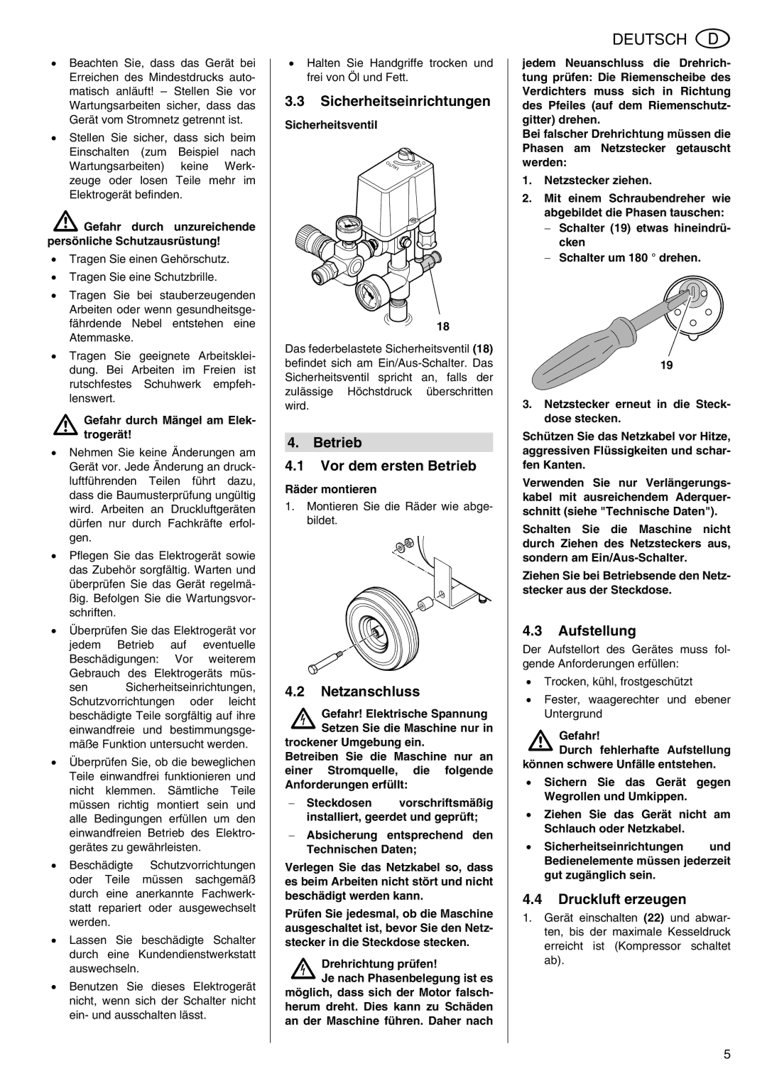 Elektra Beckum Mega 350 D manual Sicherheitseinrichtungen, Betrieb Vor dem ersten Betrieb, Netzanschluss, Aufstellung 