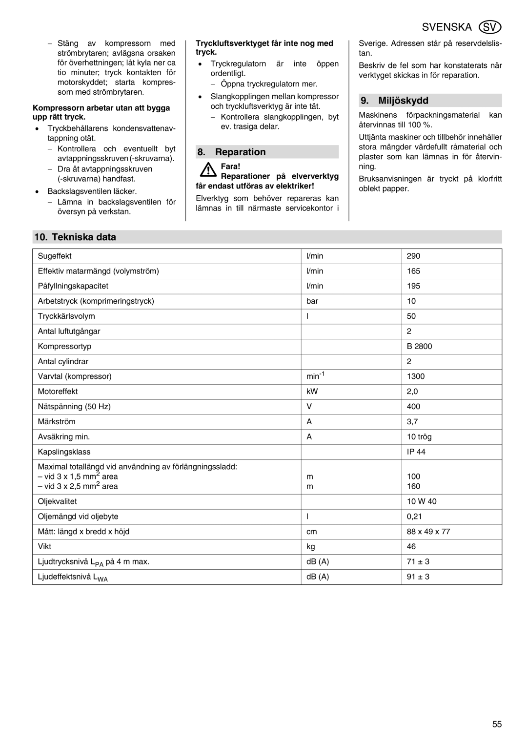 Elektra Beckum Mega 350 D manual Miljöskydd, Tekniska data, Kompressorn arbetar utan att bygga upp rätt tryck 