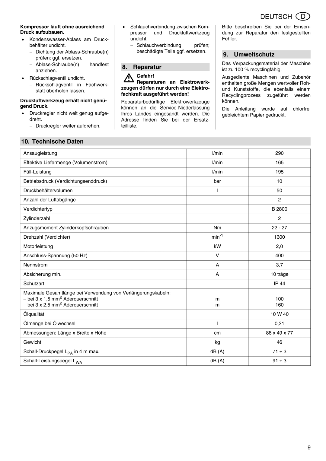 Elektra Beckum Mega 350 D Reparatur, Umweltschutz, Technische Daten, Kompressor läuft ohne ausreichend Druck aufzubauen 